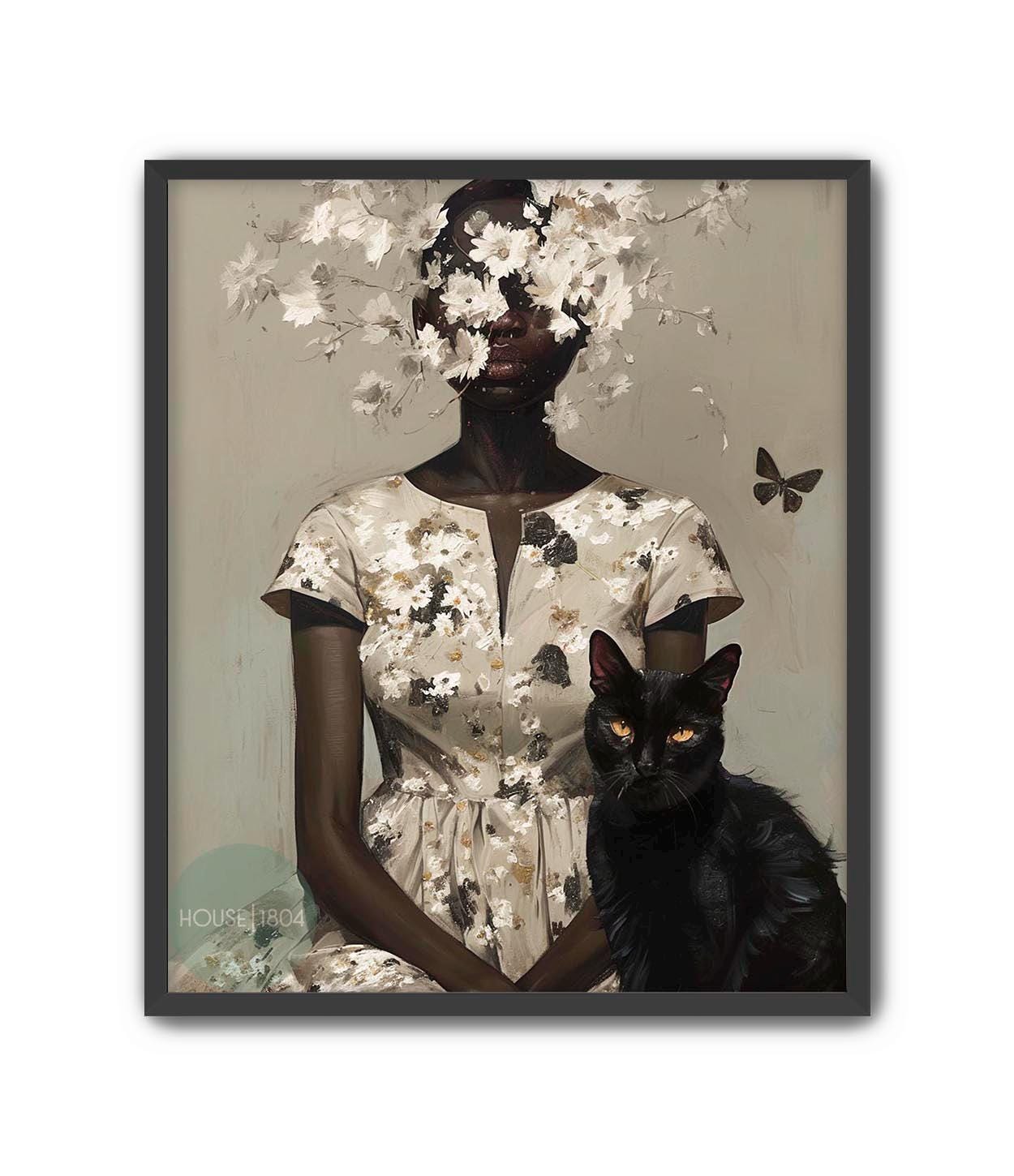 Black Woman and Cats, Black Woman Cat Lady, Black Cat Lady, Black People Pets, Lady with Cat Art, Abstract Black Woman Art, Cat Lady, Floral