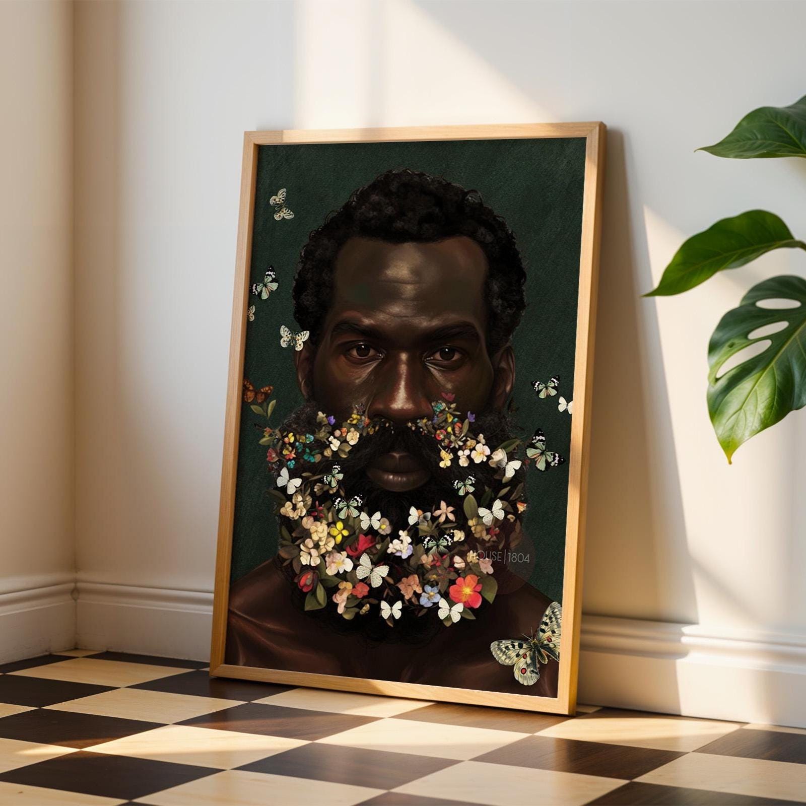 Floral Beard Art Print: Masculine Black Art, Melanin Home Decor