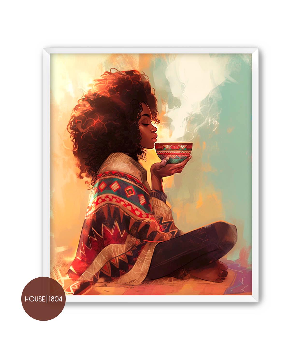 Black Woman Self care, Black Woman Tea Wall Art, Coffee Tea Lover Gift, Black Woman Relaxing Wall, Black Bohemian Art, Black Woman Wall Art
