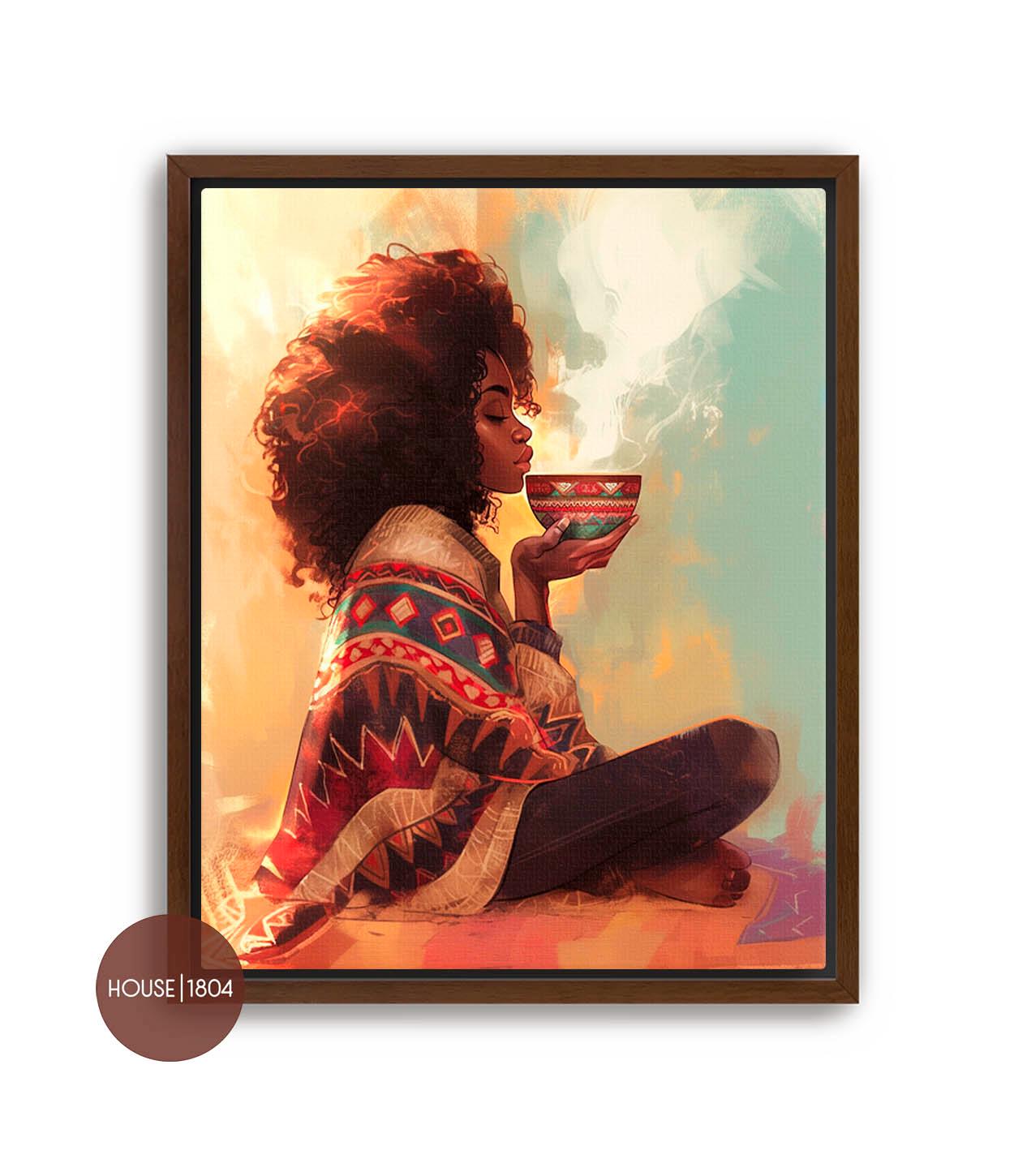 Black Woman Self care, Black Woman Tea Wall Art, Coffee Tea Lover Gift, Black Woman Relaxing Wall, Black Bohemian Art, Black Woman Wall Art