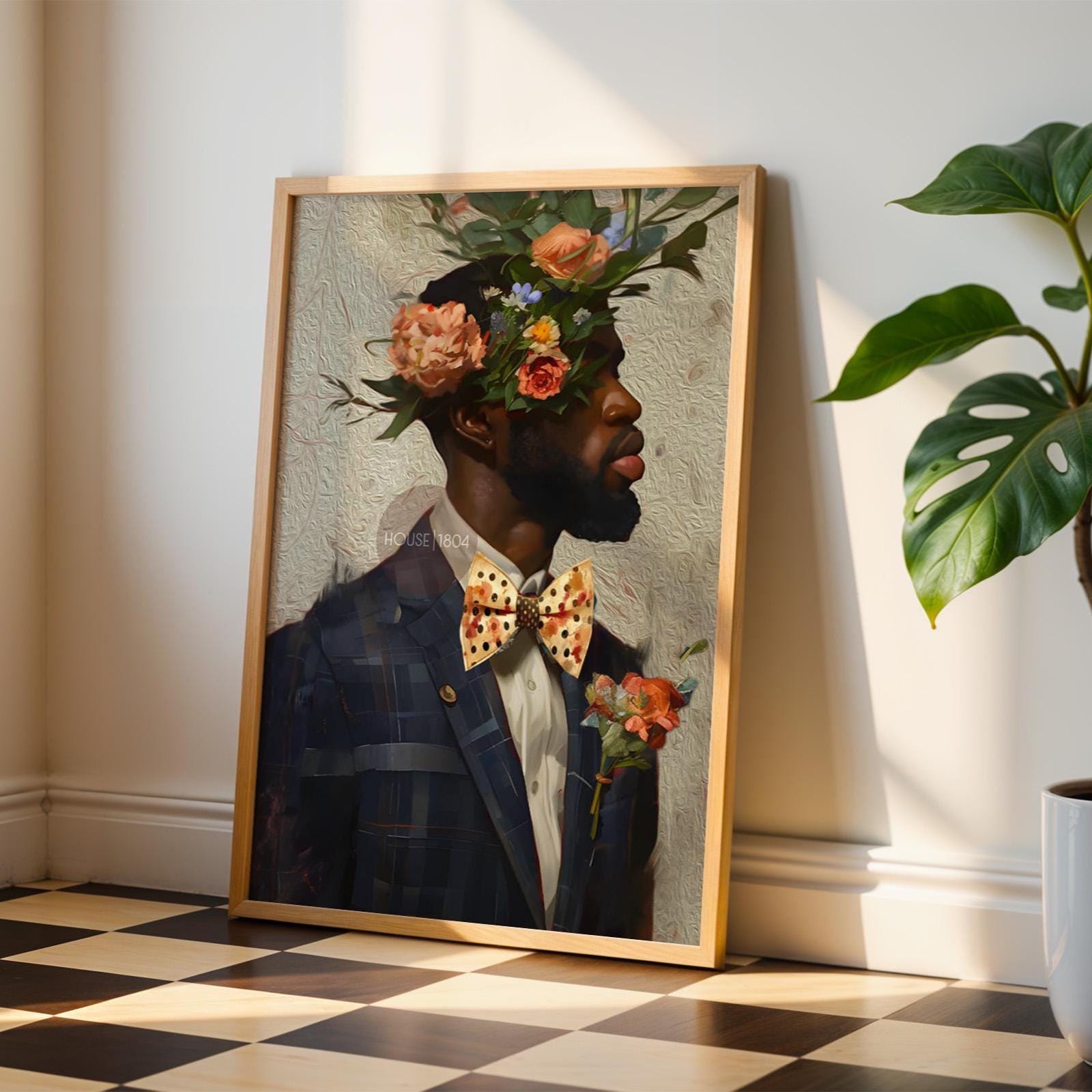 Black Man Suit Wall Art, Flower Beard Art, Vintage Portrait,