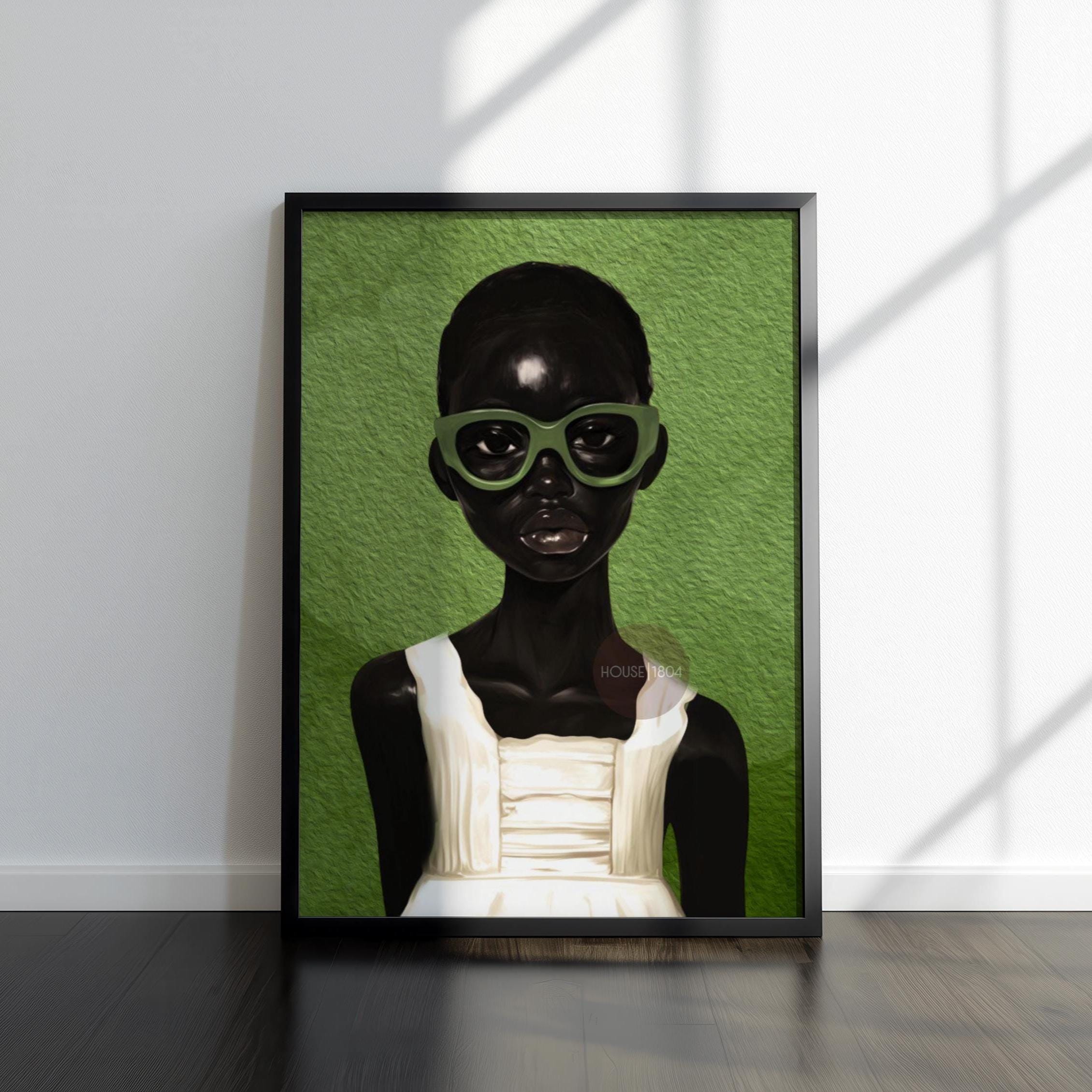Framed canvas green abstract Black girl portrait wall art statement piece