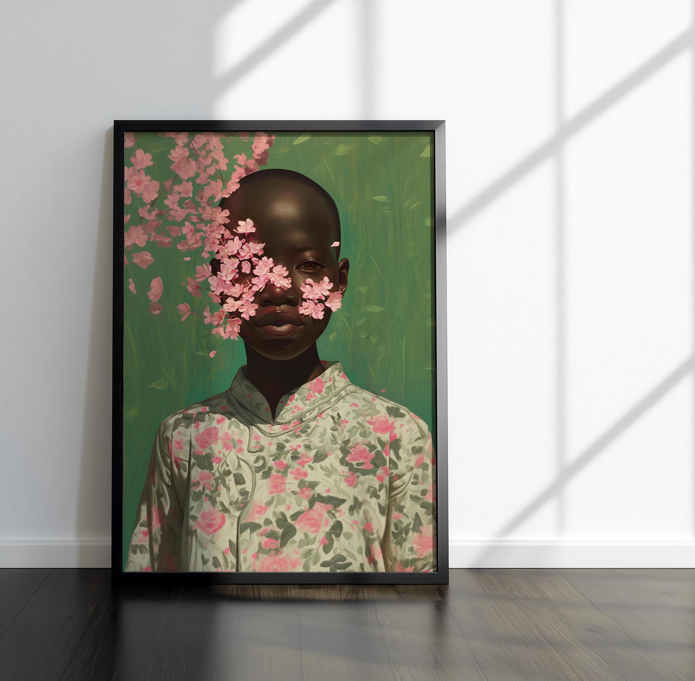 Bald Black Woman Wall Art, Bald Woman Art, Colorful Black Woman Flowers Art, Black Girl Art Prints, African American Wall Art, Modern Black