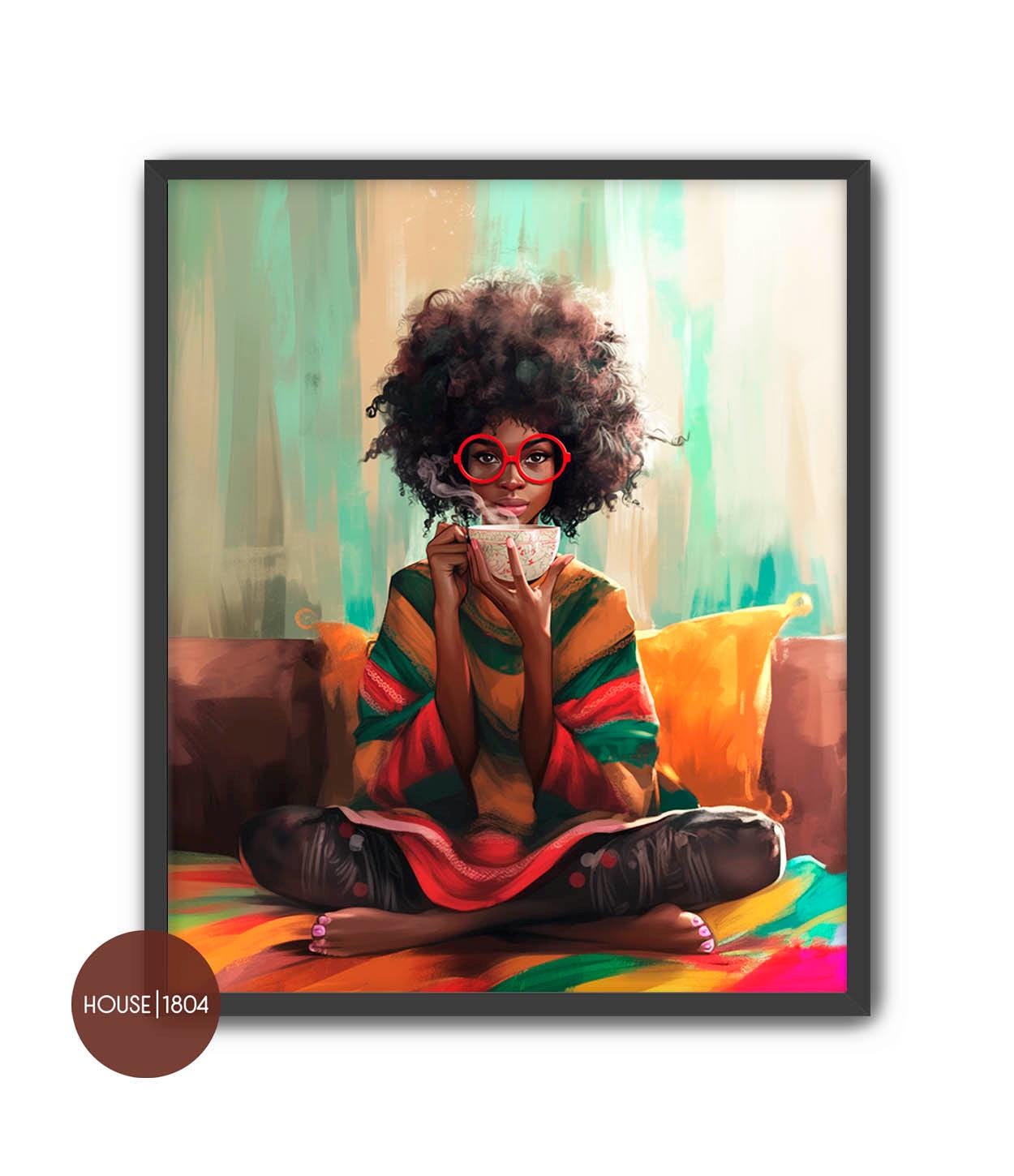 Black Woman Coffee Tea Wall Art, Girl with Coffee Poster, Afro Wall Art, Black Woman Print, Black Bohemian Art, Black Woman Wall Art