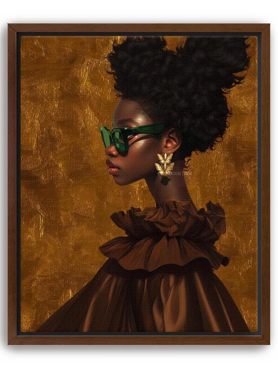 Black Woman Fashion on Canvas: Brown Tones Wall Art, Contemporary African American Wall Art Print