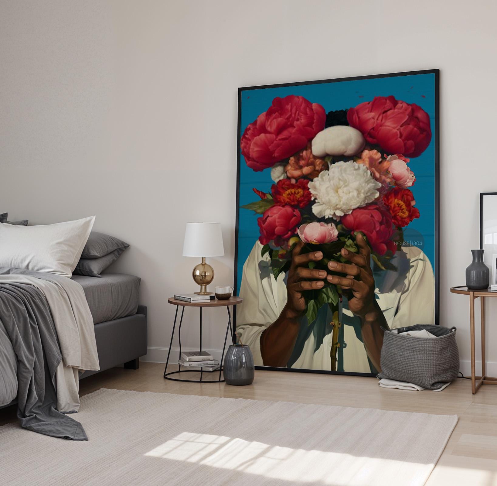 Abstract Floral Portrait Art Print: Black Man Holding Flowers