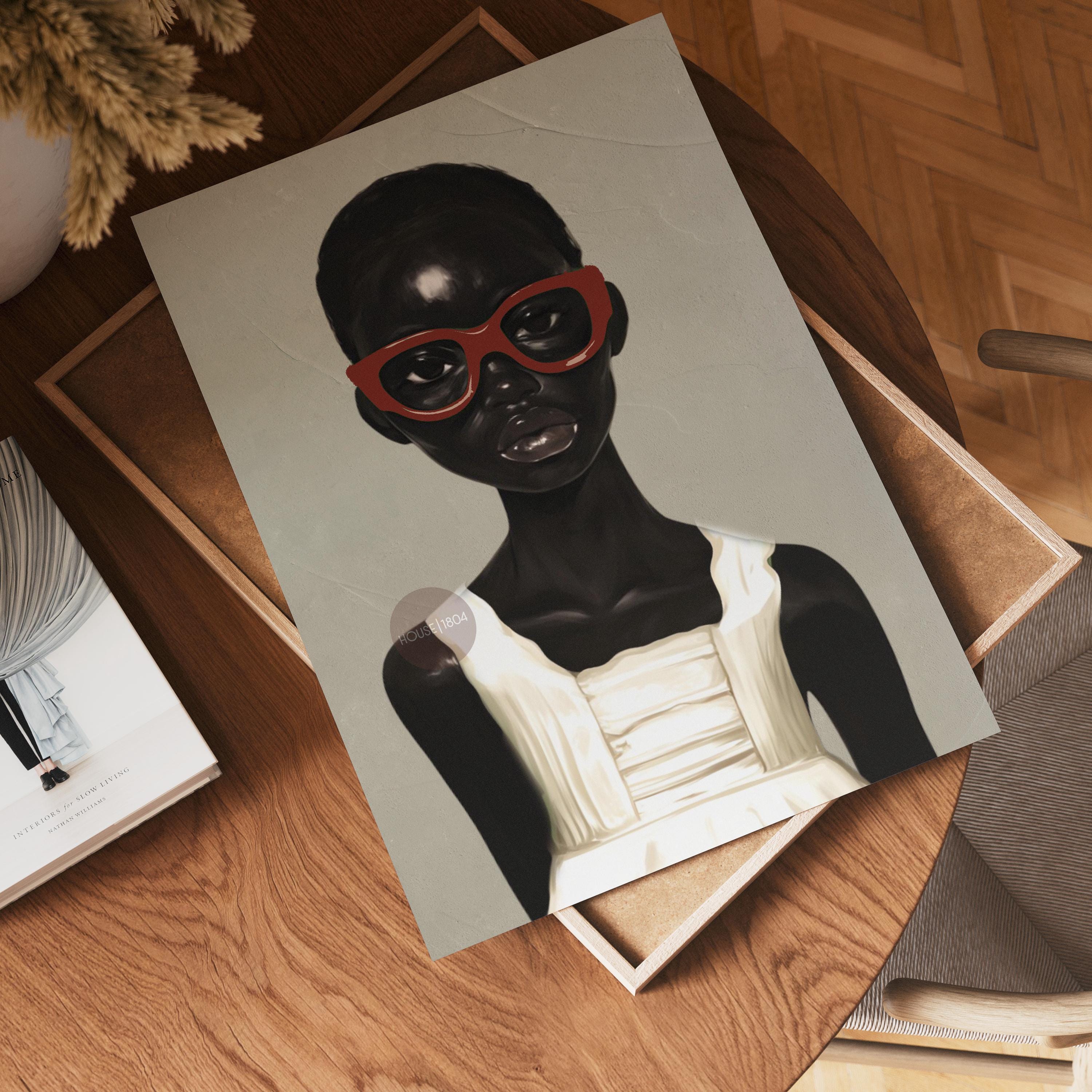 African American Girl Portrait Canvas Print, Red Burgundy + Beige