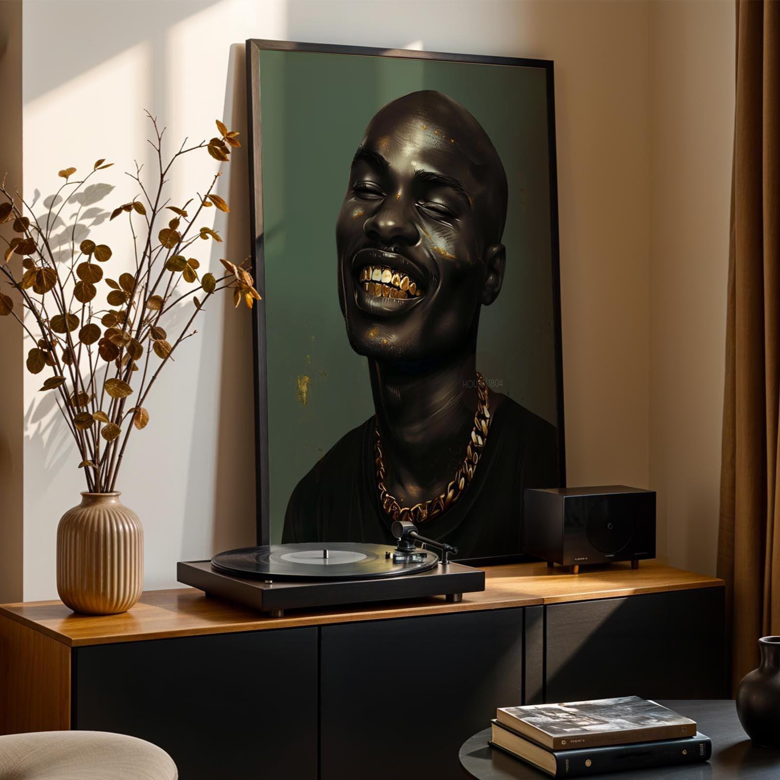 Bald Black Man Art Print: Gold Grillz, Urban African American Modern Art