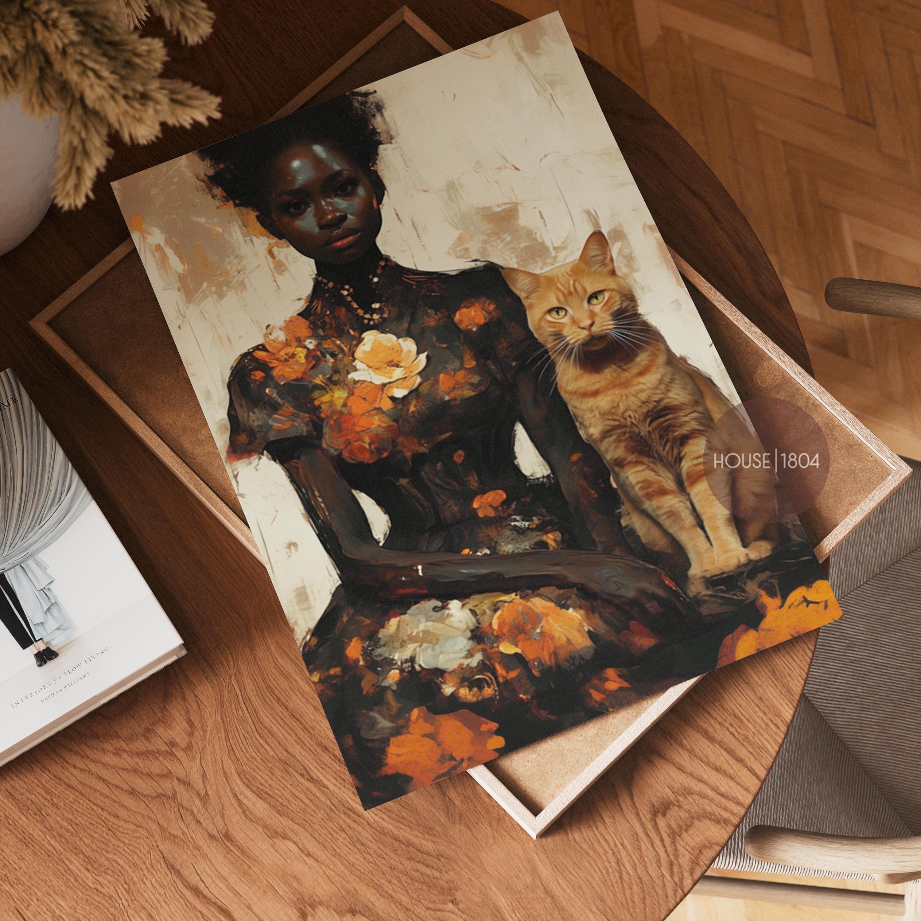 Abstract Black Woman Art, Black Woman Flower Art, Black Woman Cat Lady, Lady with Cat Art, Ginger Cat Art, Black People Pet, Orange Cat Lady