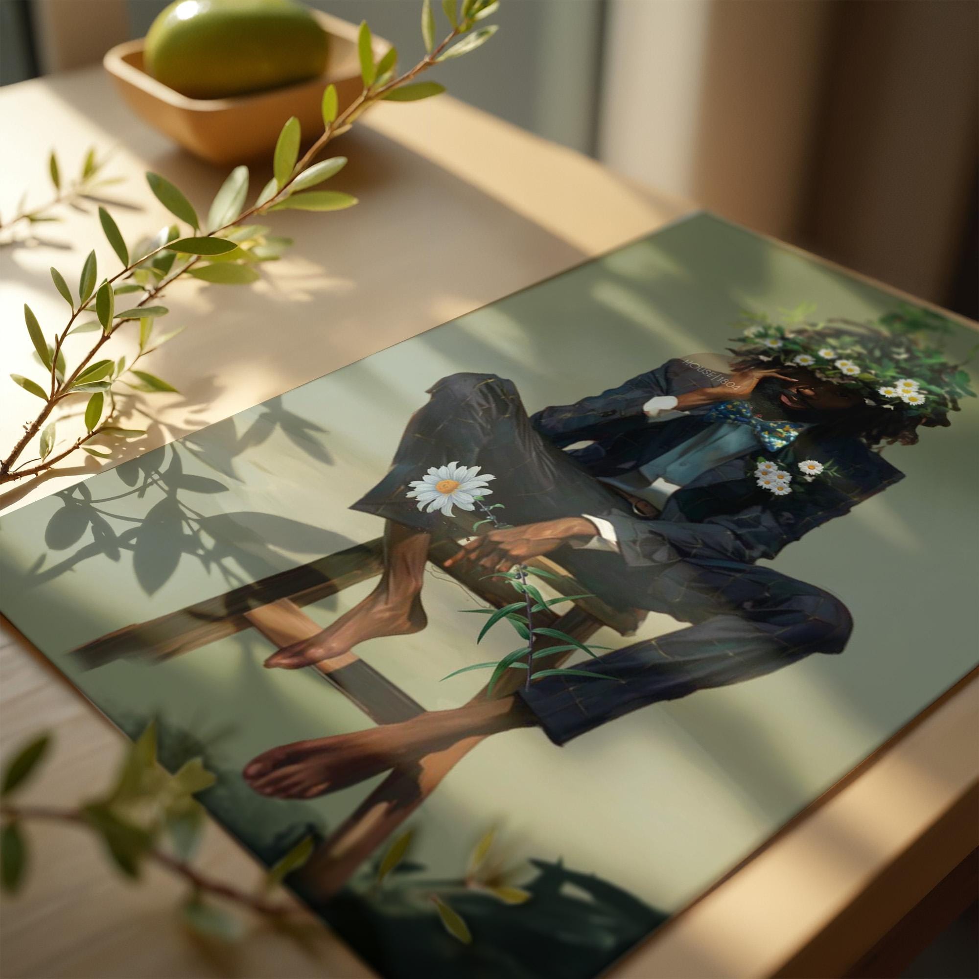 Black Man Floral Wall Art, Abstract Male Portrait, Contemporary Modern Canvas Print, Male Abstract Moody Wall Framed Print