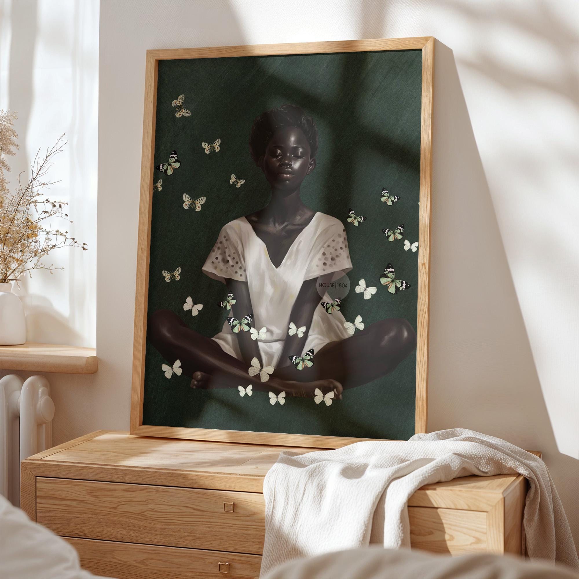 Black Woman Wall Art – Deep Green Serene Art Print With White Butterfly Portrait