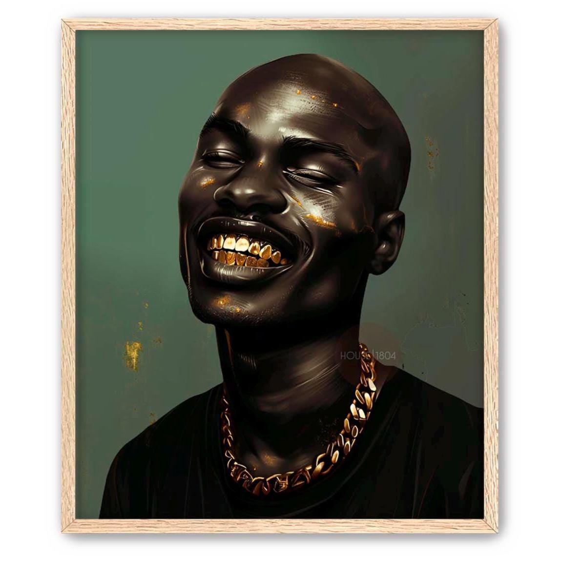 Bald Black Man Art Print: Gold Grillz, Urban African American Modern Art