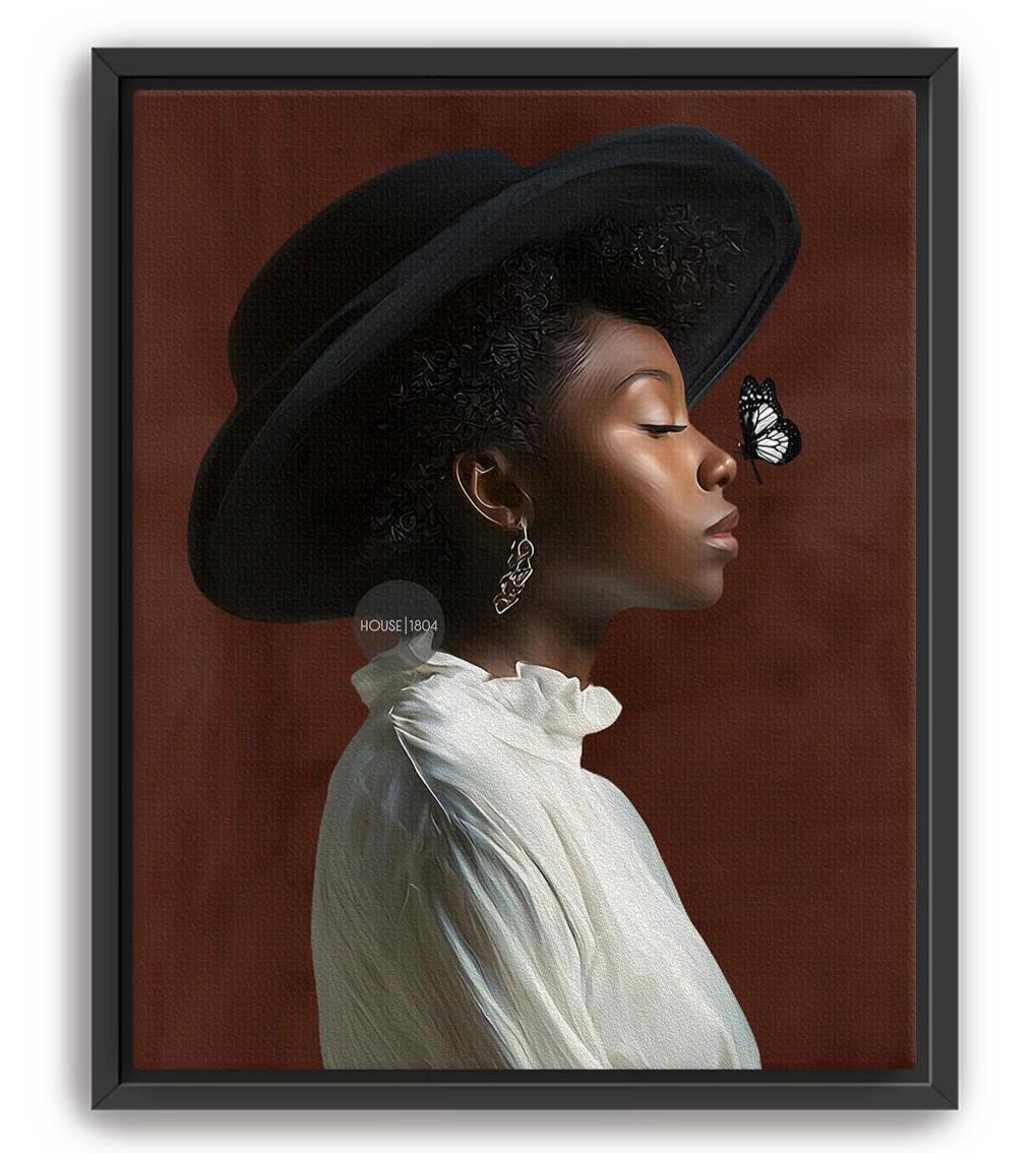 A woman wearing a large black hat and a white blouse is shown in profile, with a butterfly resting on her face.