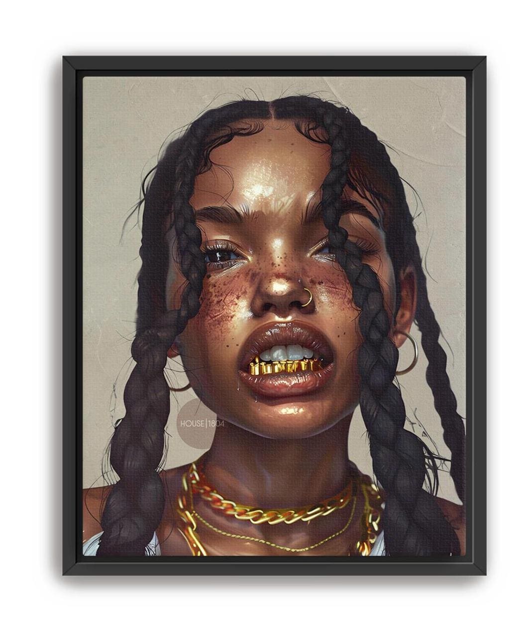 Black Girl Canvas Artwork: African American Grillz Art Print, Urban Boho Neutral Decor