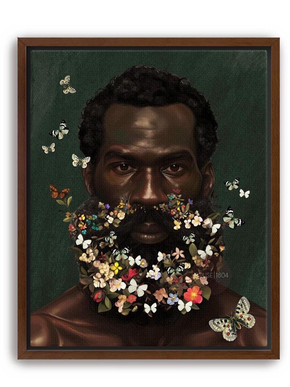 Floral Beard Art Print: Masculine Black Art, Melanin Home Decor