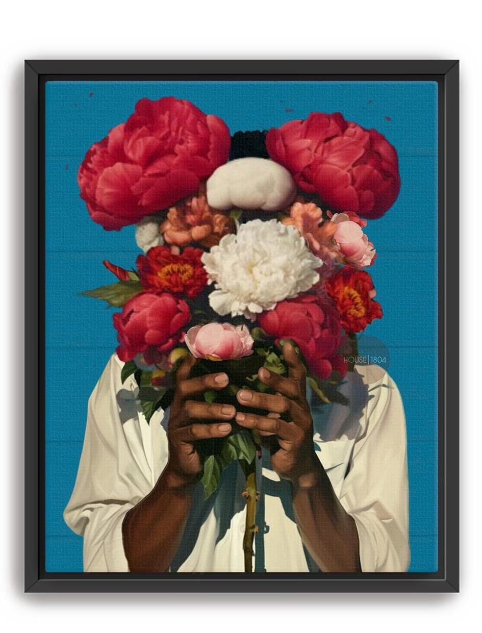 Abstract Floral Portrait Art Print: Black Man Holding Flowers