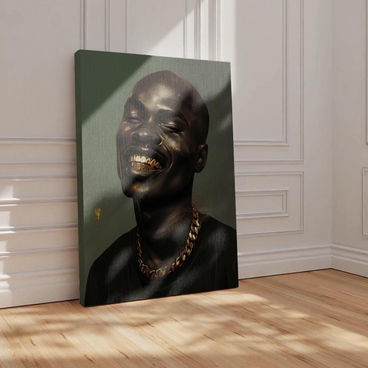 Bald Black Man Art Print: Gold Grillz, Urban African American Modern Art