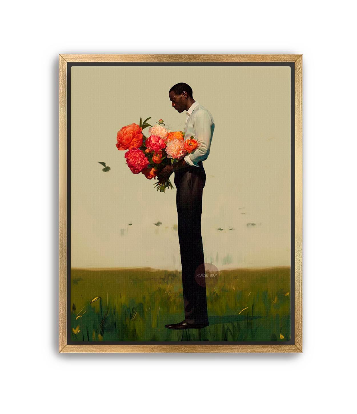 Black Man Flower Canvas Art Print: Floral Portrait Framed