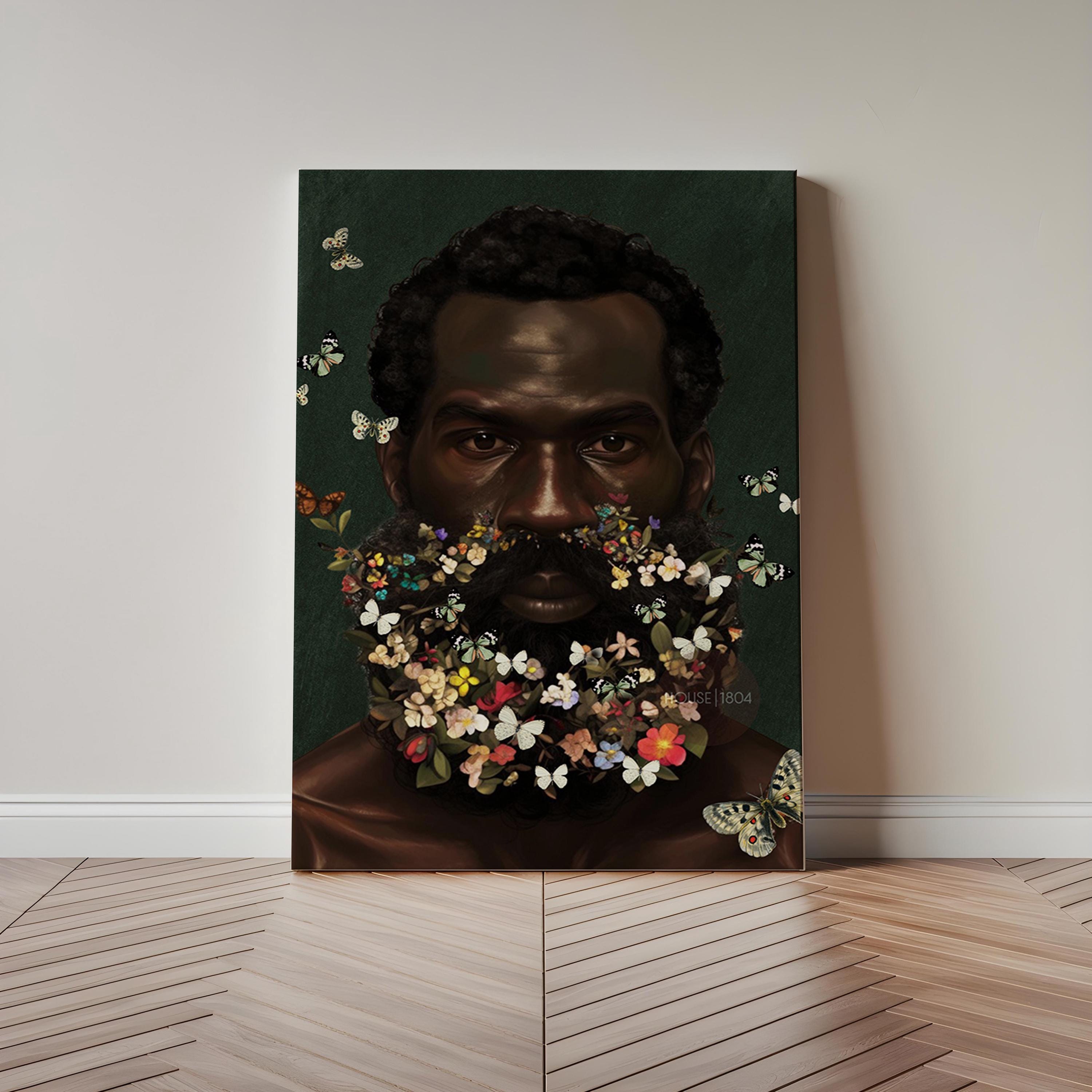 Floral Beard Art Print: Masculine Black Art, Melanin Home Decor