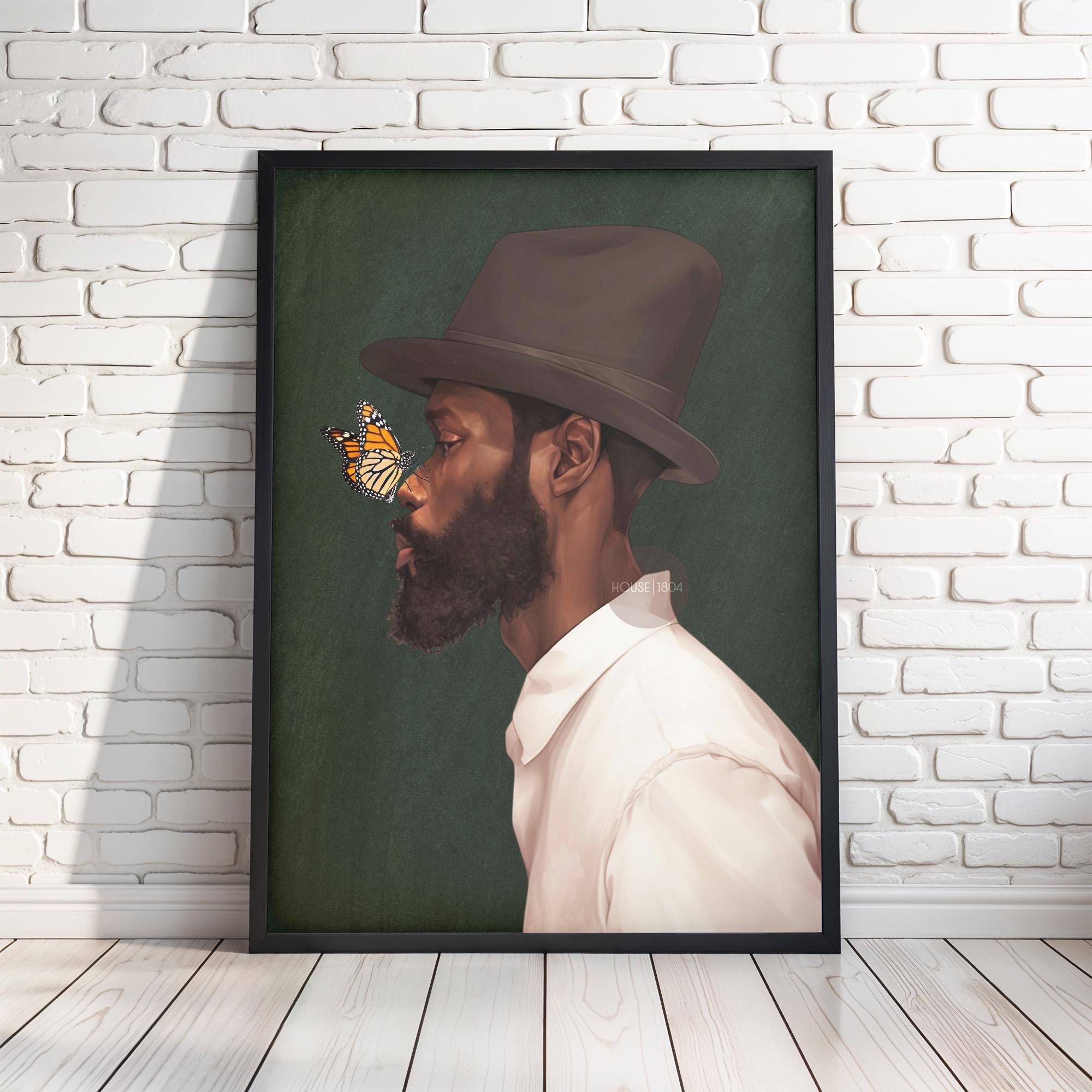 Black Man Side Top Hat Art Print: Butterfly, Afrocentric Green Art Decor