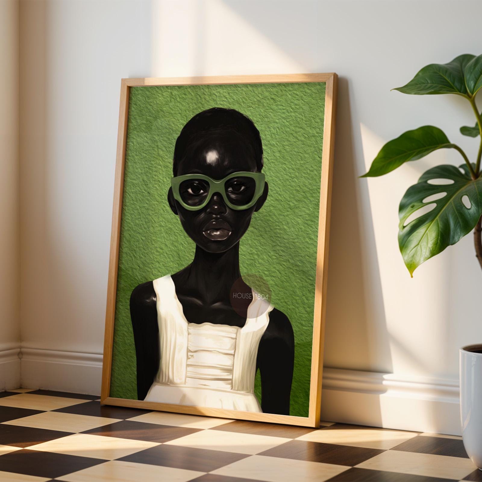 Black girl abstract portrait wall art green boho print for bedroom decor