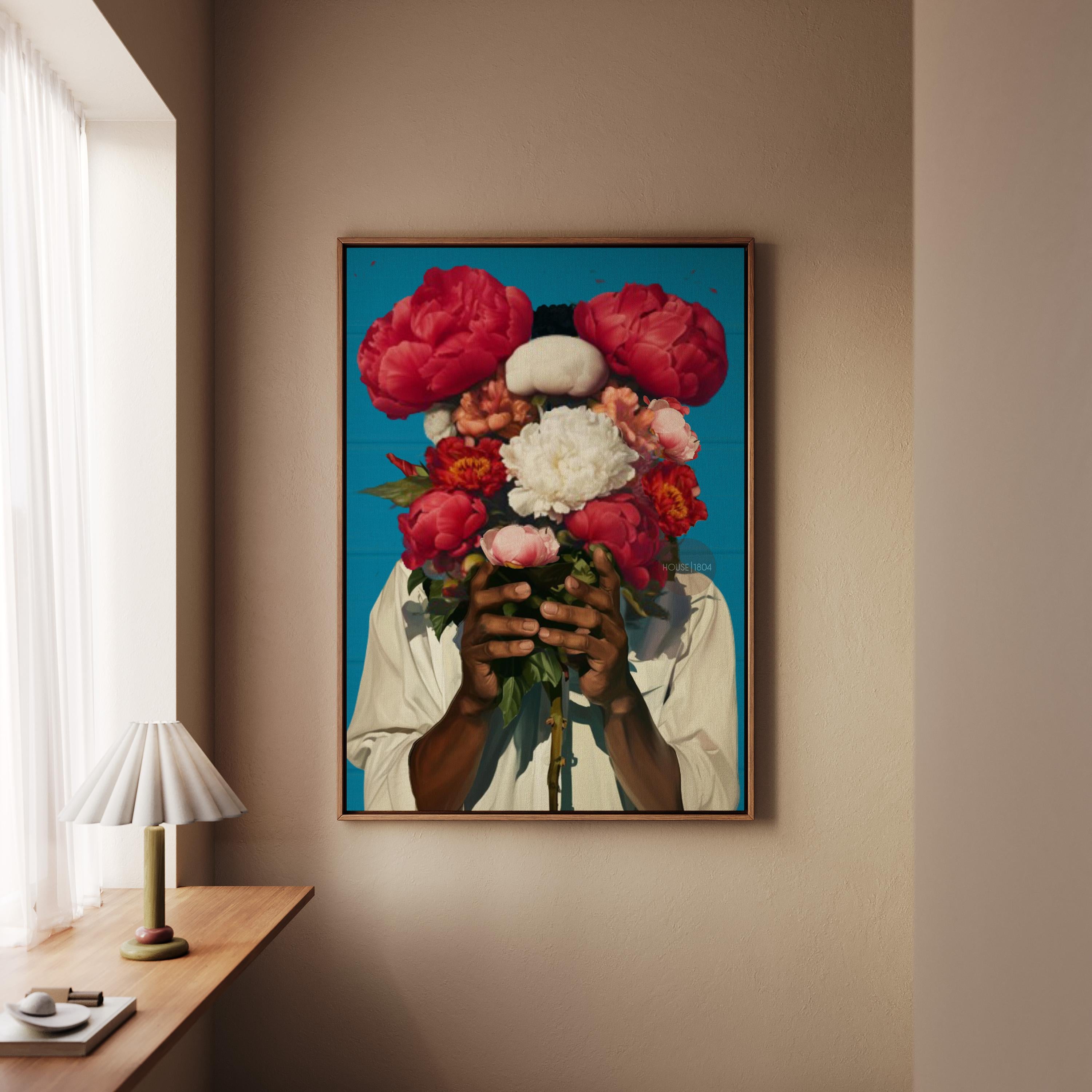 Abstract Floral Portrait Art Print: Black Man Holding Flowers