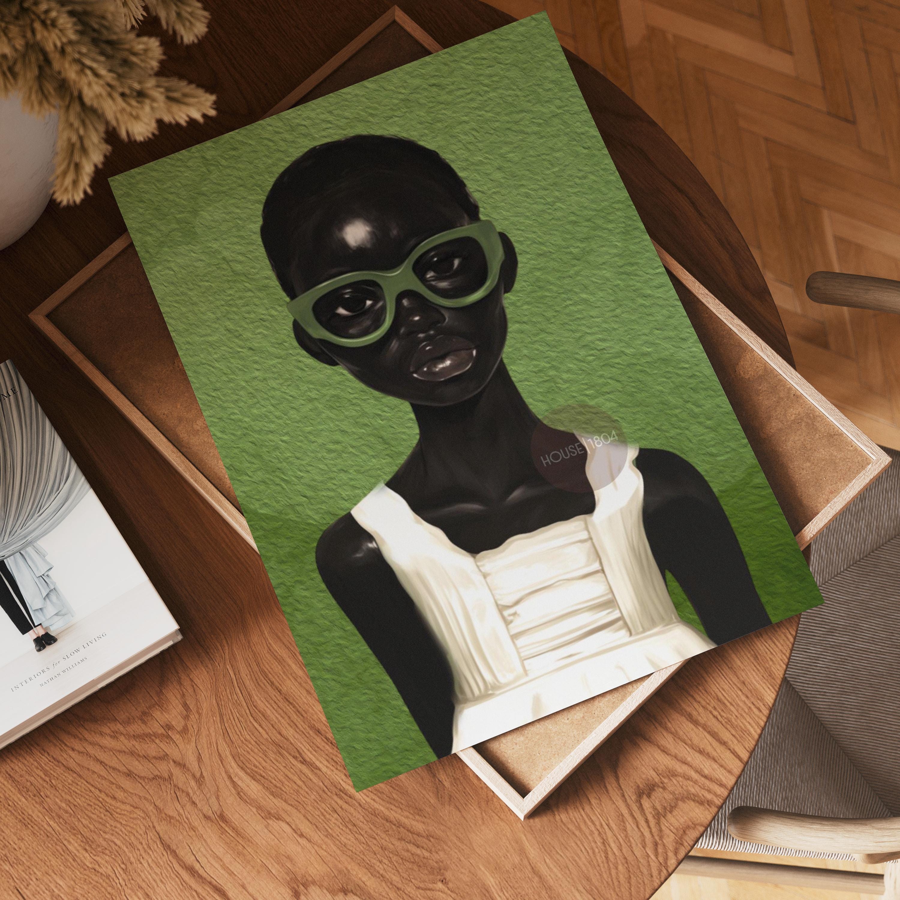 Urban bohemian Black girl canvas print in rich green modern wall decor