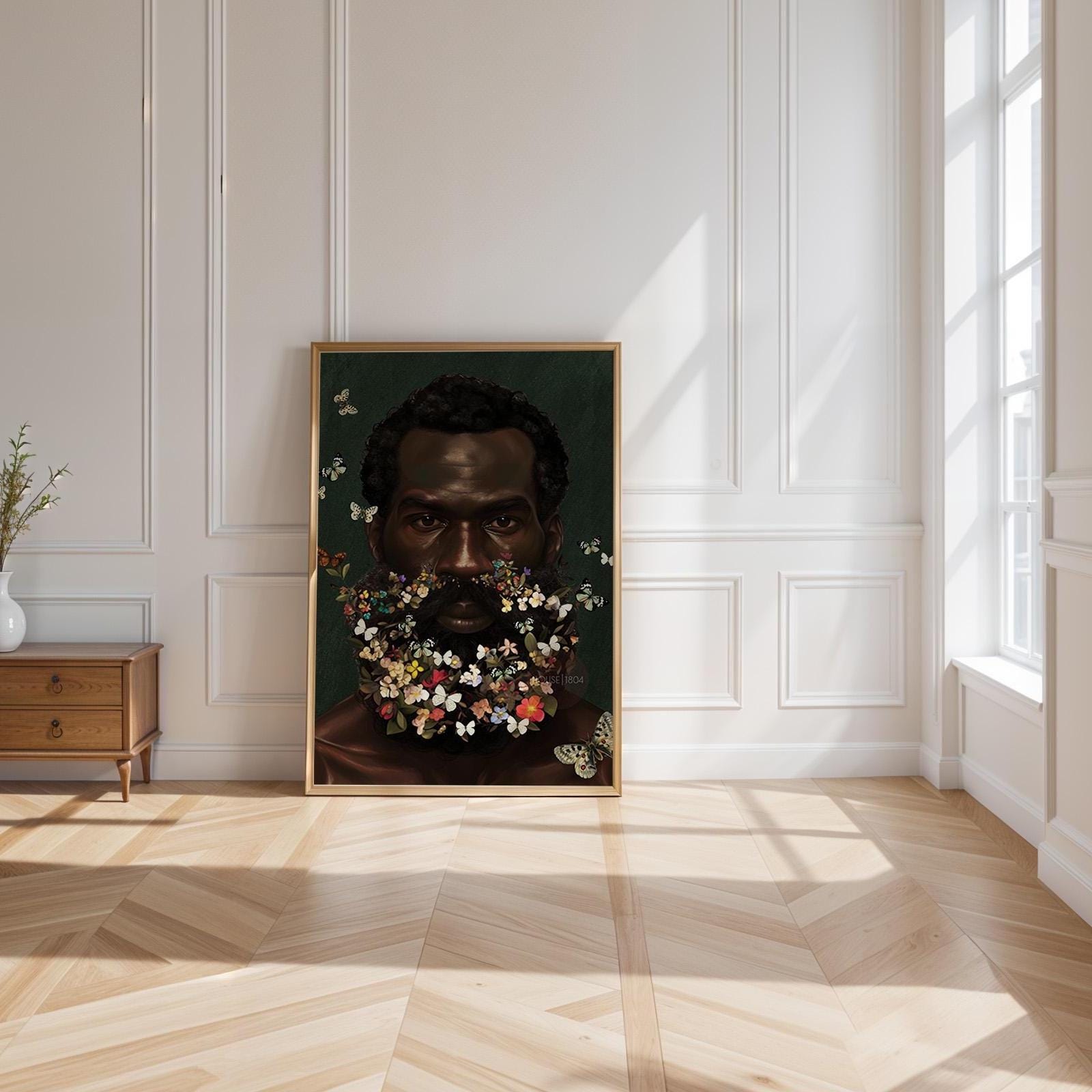 Floral Beard Art Print: Masculine Black Art, Melanin Home Decor