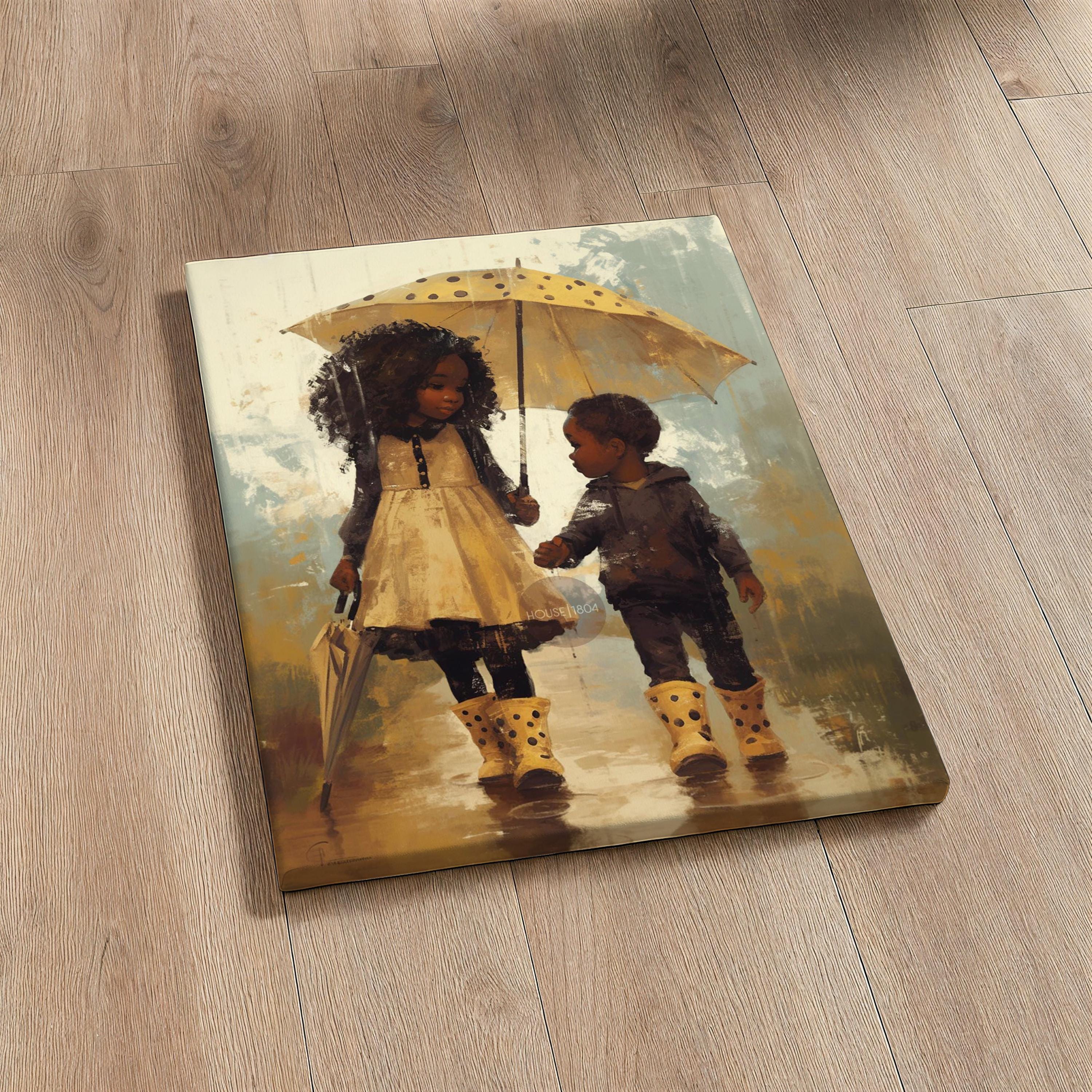 Black Sibling Art Print: Brother and Sister in Rain
