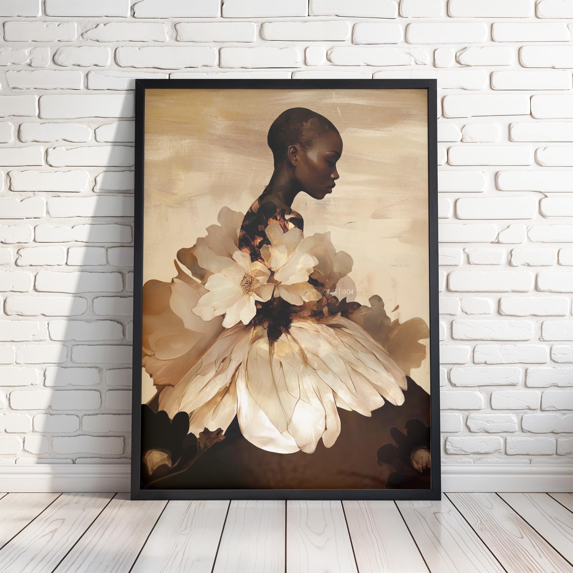 Abstract Black Woman Floral Art Print: Boho Home Decor