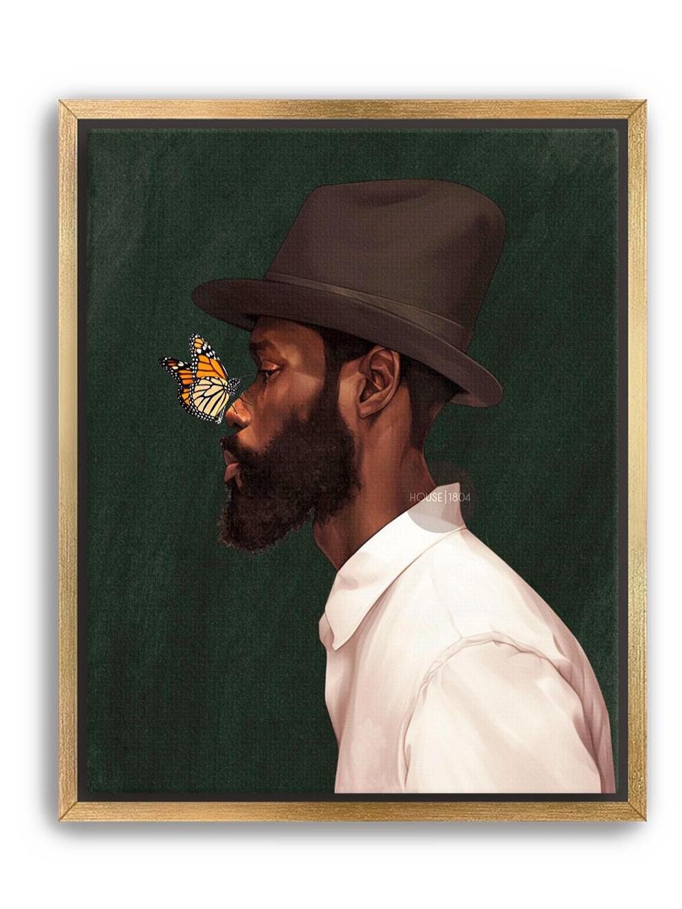 Black Man Side Top Hat Art Print: Butterfly, Afrocentric Green Art Decor
