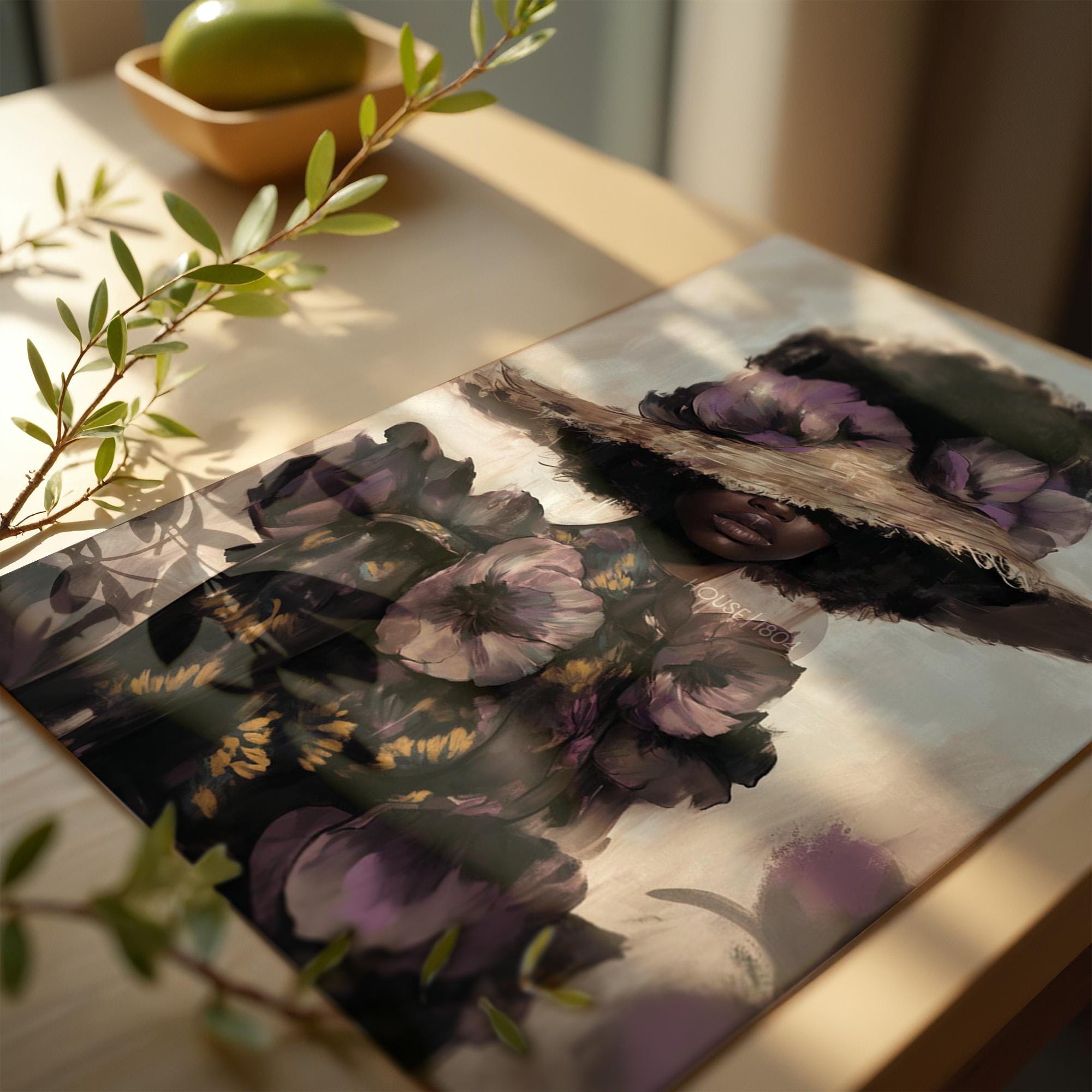 Black Woman Art Print: Purple Floral Fashion Wall Decor