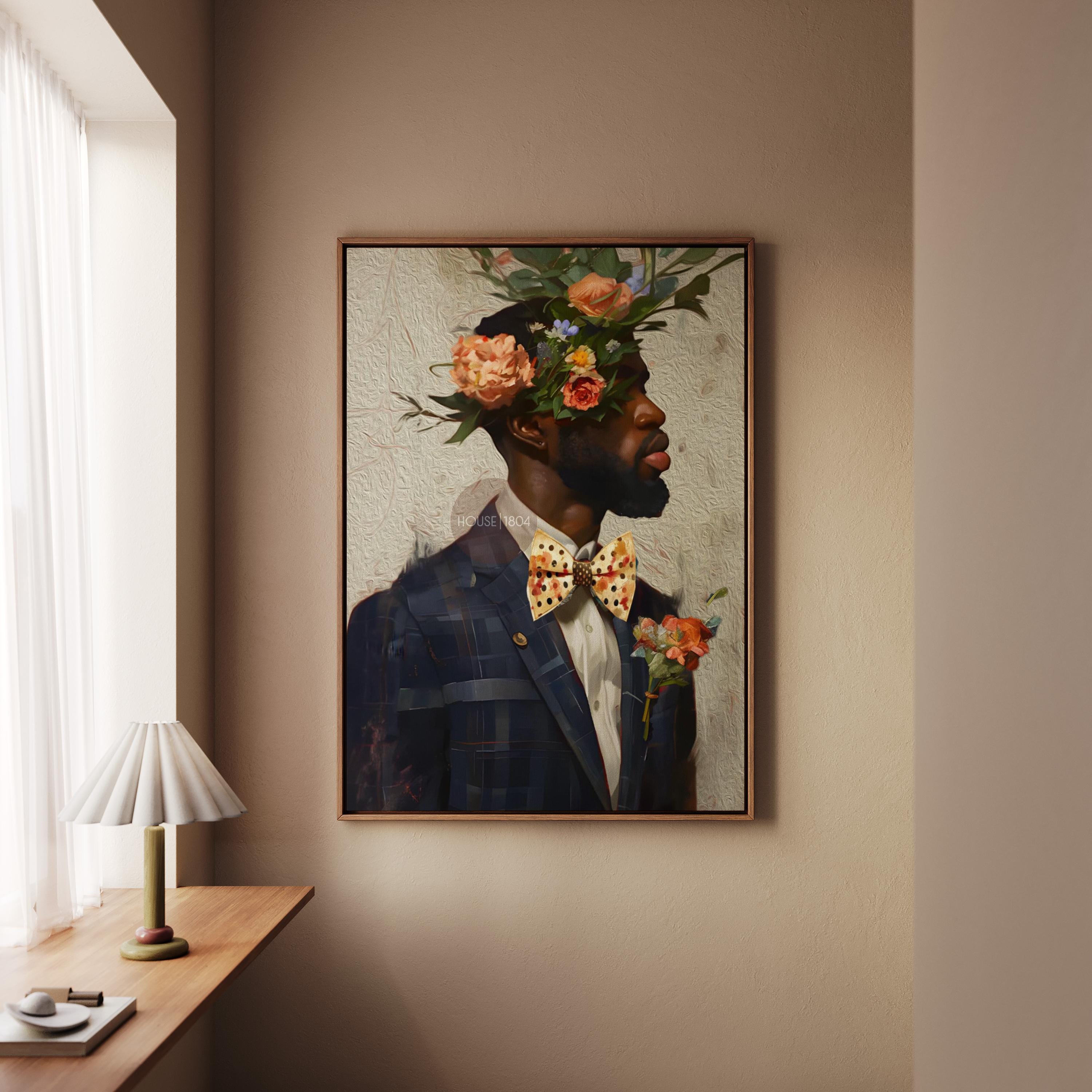 Black Man Suit Wall Art, Flower Beard Art, Vintage Portrait,