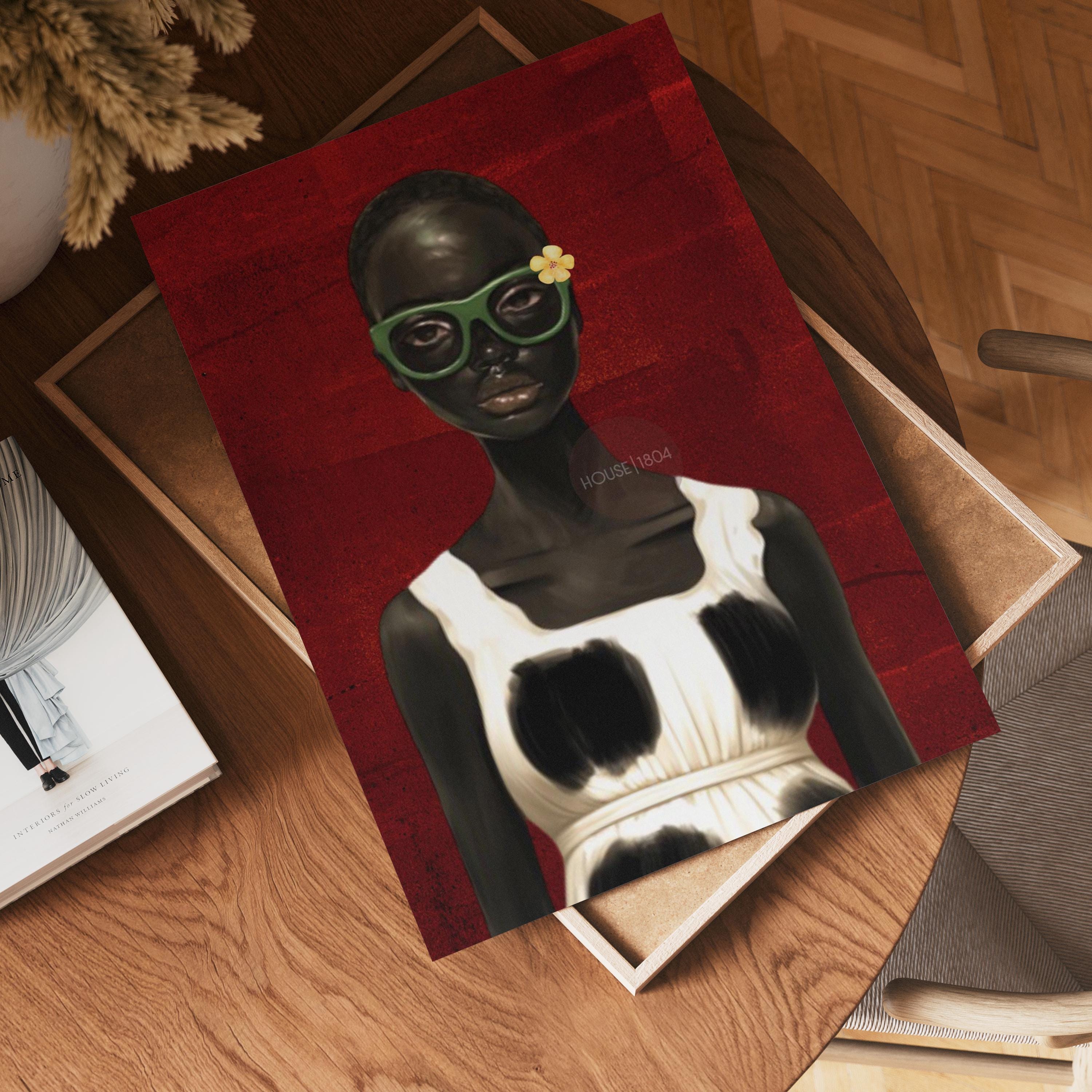 Bold Afrocentric Woman Art Print: Red, Black, White Decor