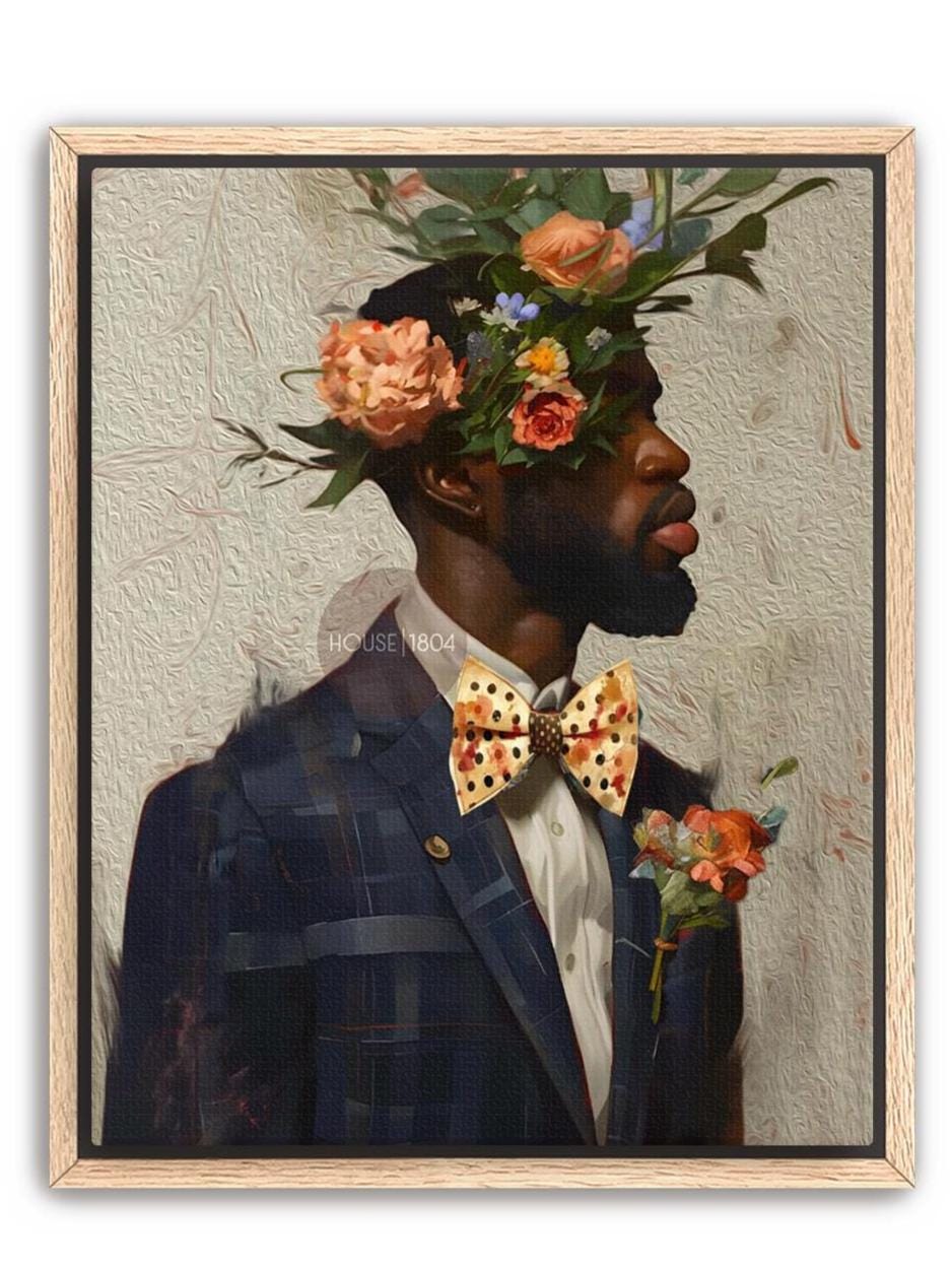Black Man Suit Wall Art, Flower Beard Art, Vintage Portrait,