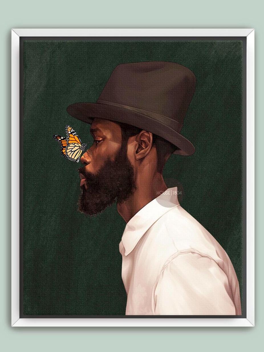 Black Man Side Top Hat Art Print: Butterfly, Afrocentric Green Art Decor