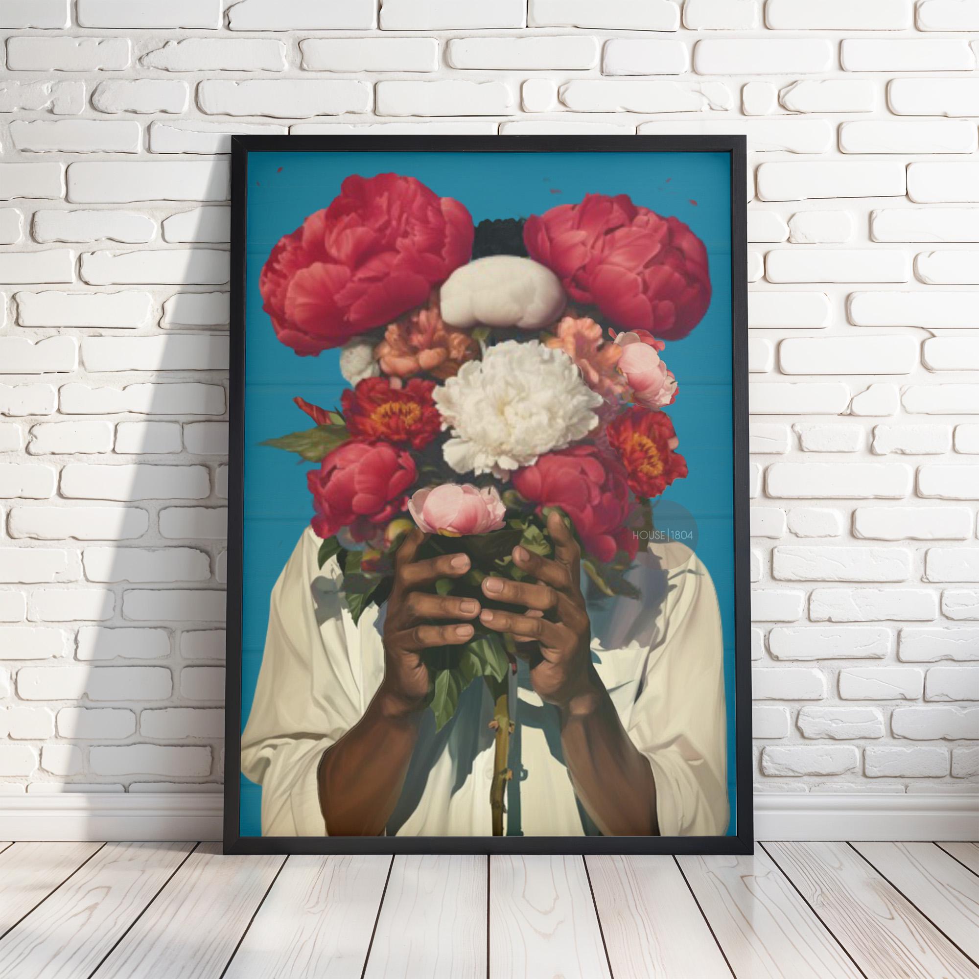 Abstract Floral Portrait Art Print: Black Man Holding Flowers