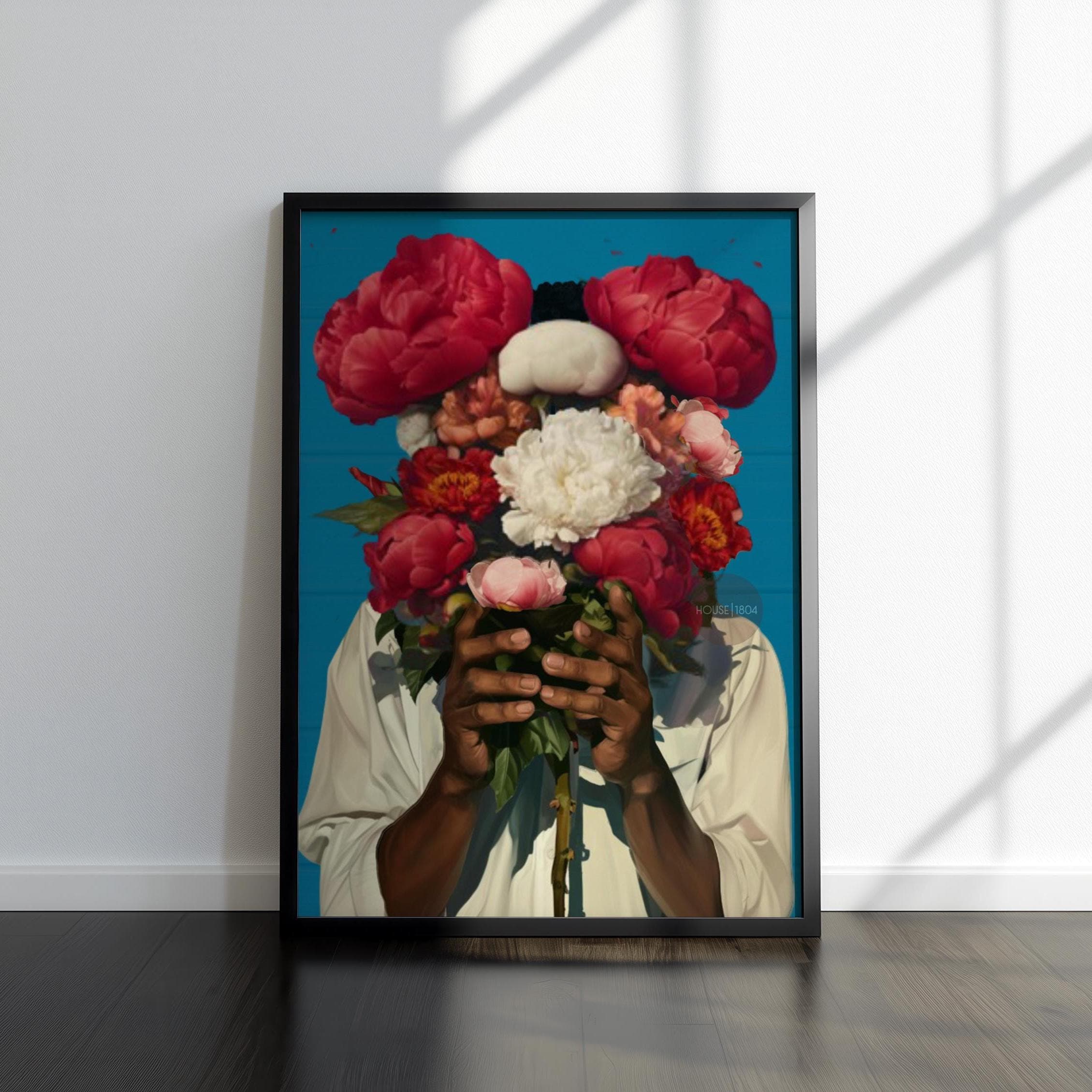 Abstract Floral Portrait Art Print: Black Man Holding Flowers