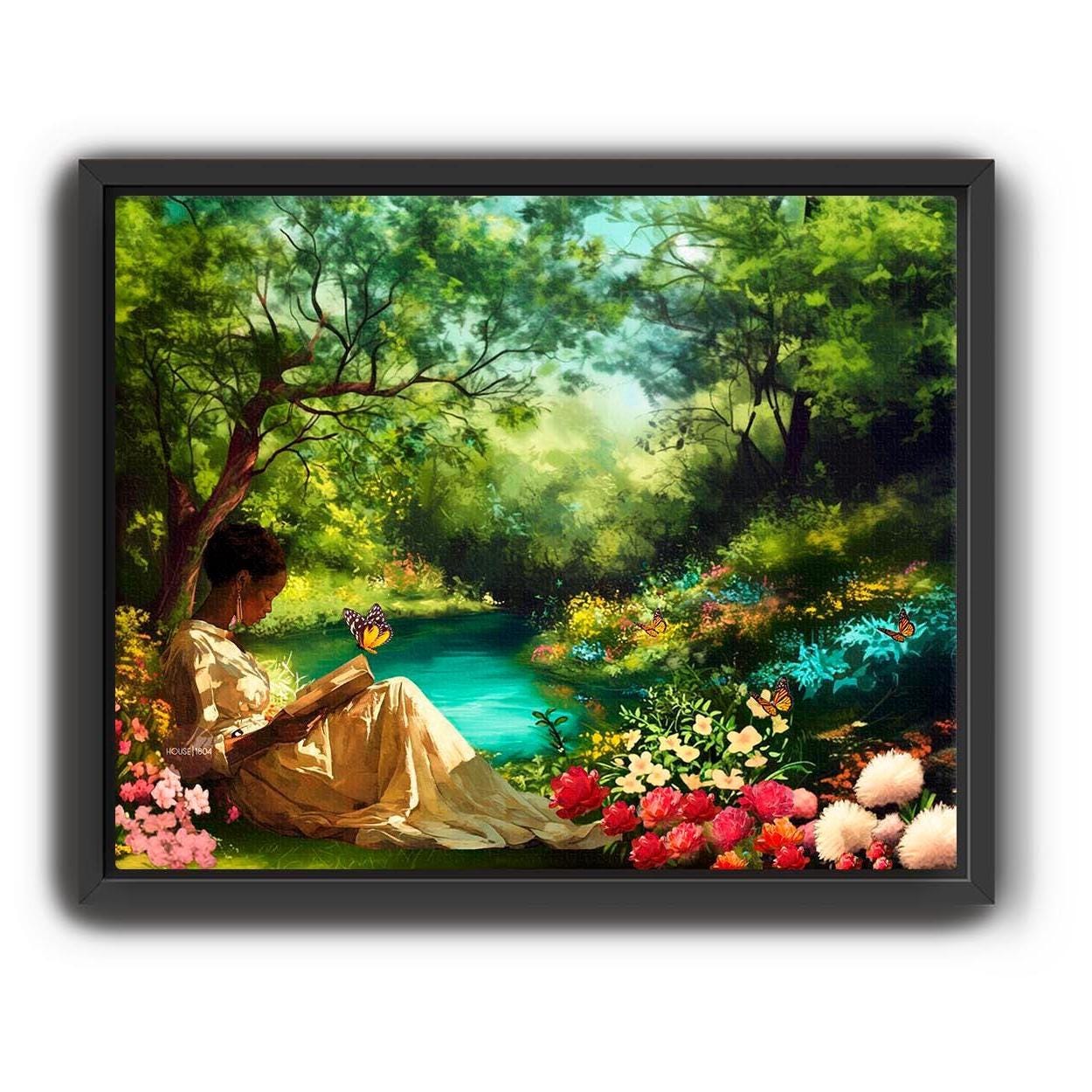 Black Woman Reading Book In Floral Garden Art Print: Vintage Garden Canvas