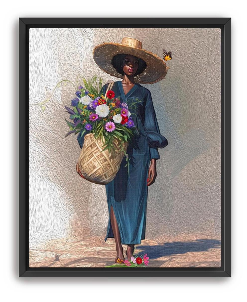 Black Woman Floral Canvas Art, Tropical Botanical Woman Portrait, Plant Lady with Flowers Canvas Art