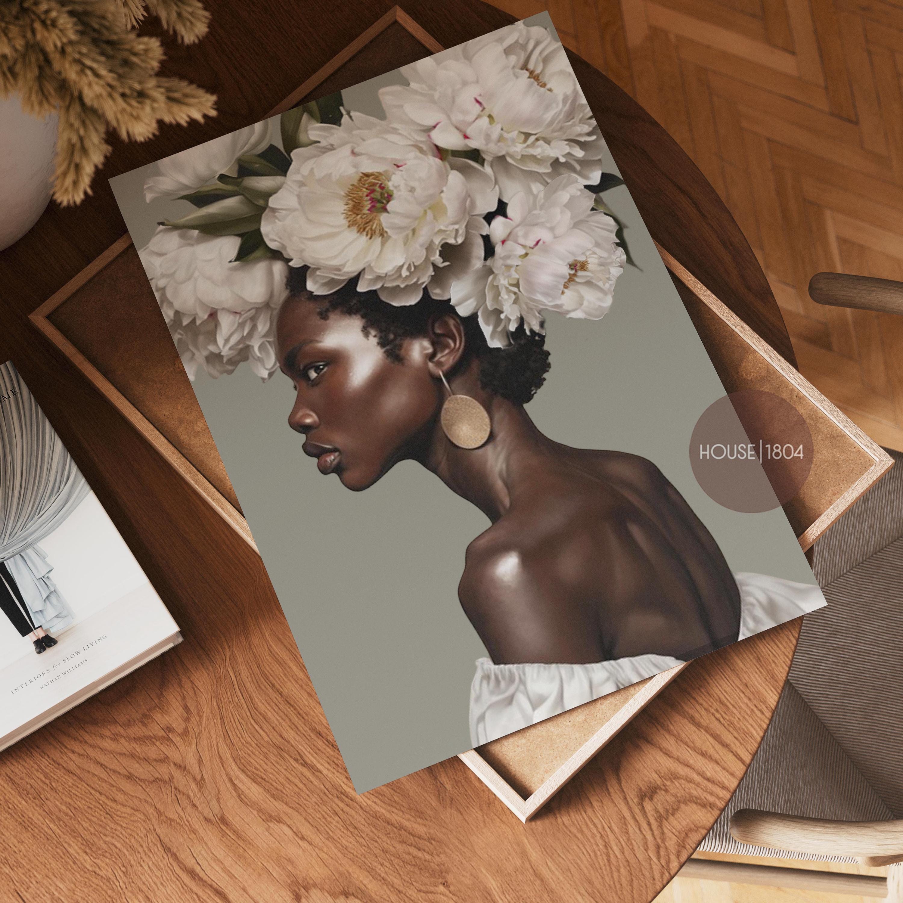 Black Woman Head Flowers, Black Woman Art Print, Gift for Black Women, Black Woman Boho Wall Art, Black Art Poster, Black Woman Floral Art