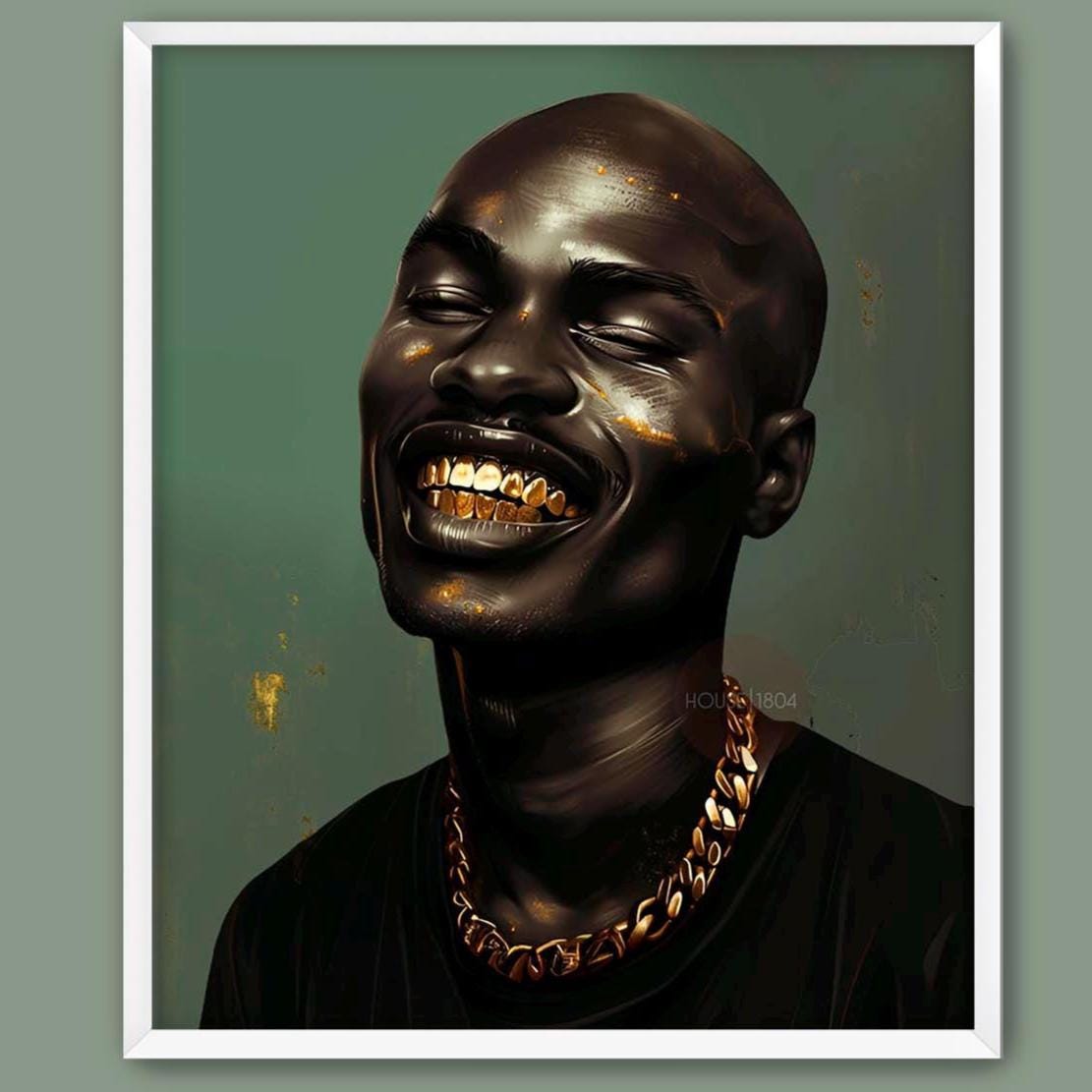 Bald Black Man Art Print: Gold Grillz, Urban African American Modern Art
