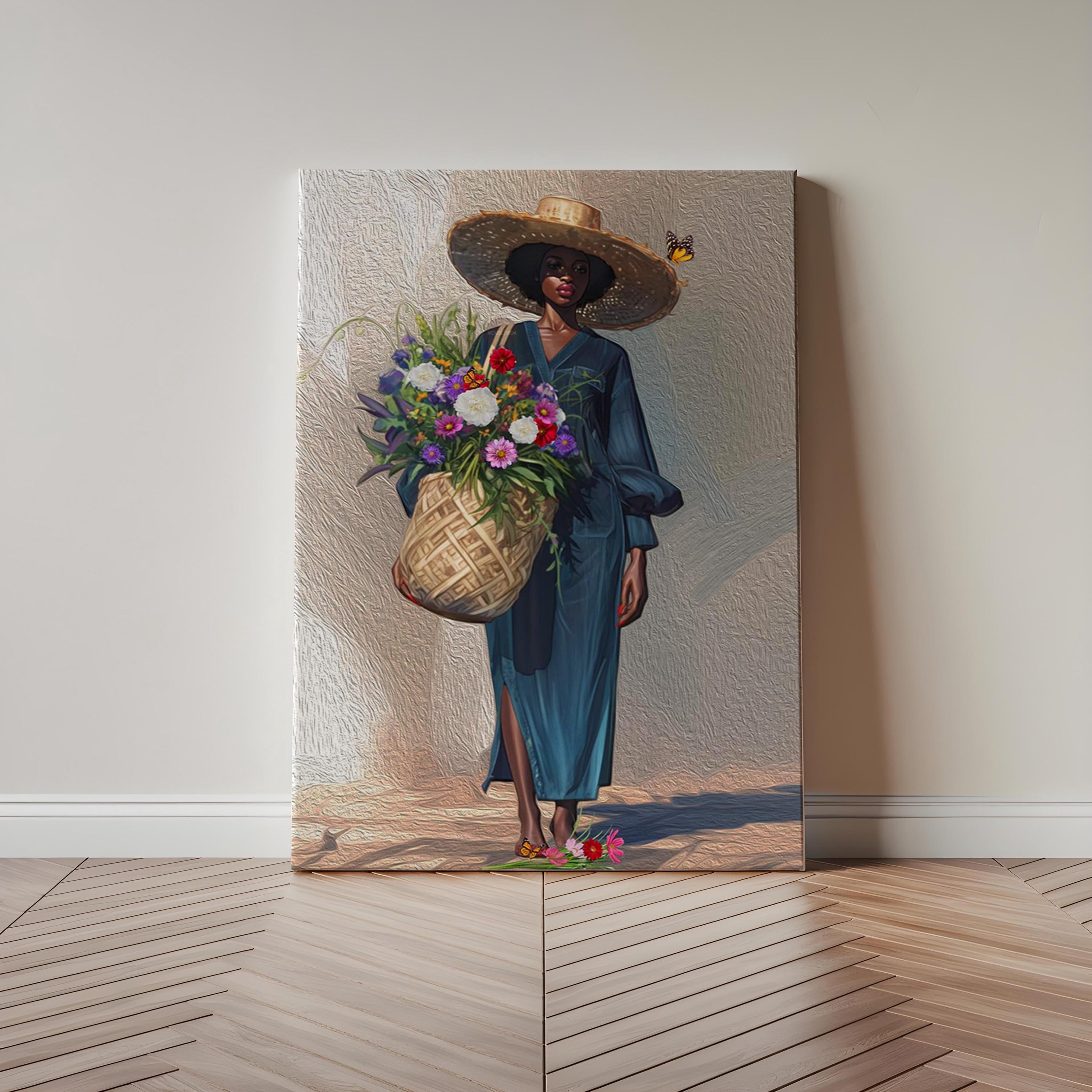 Black Woman Floral Canvas Art, Tropical Botanical Woman Portrait, Plant Lady with Flowers Canvas Art