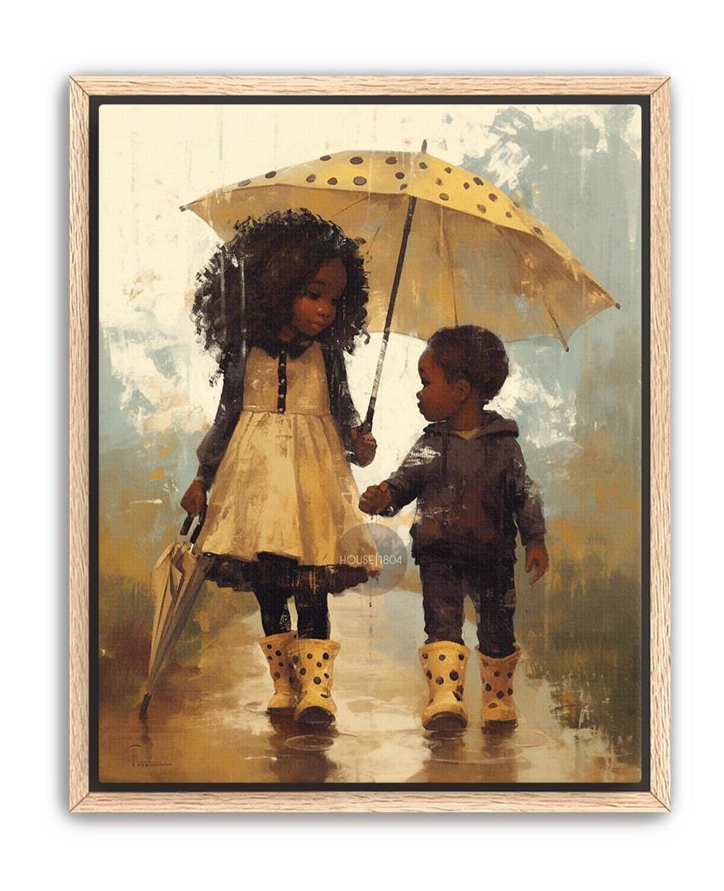 Black Sibling Art Print: Brother and Sister in Rain