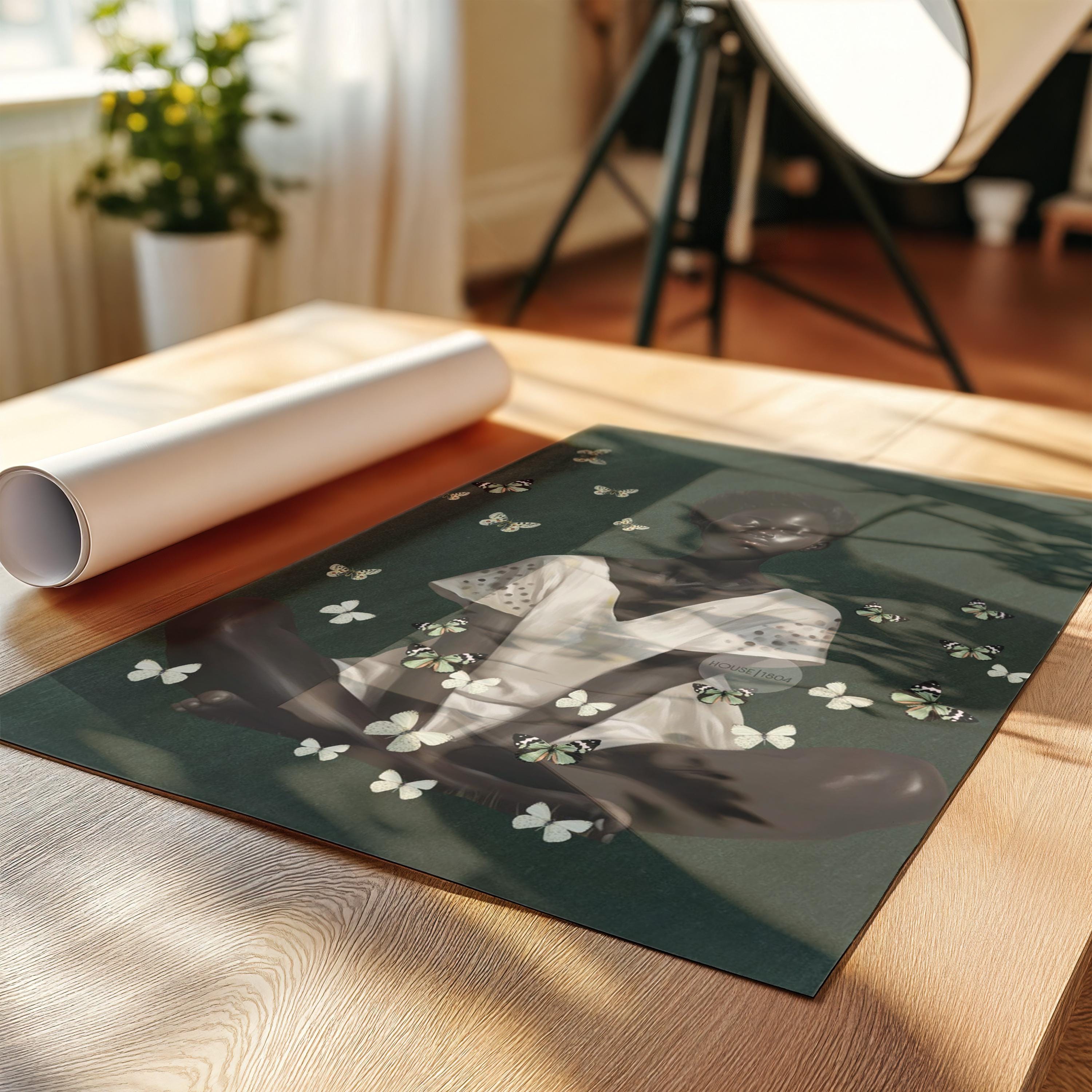 Black Woman Wall Art – Deep Green Serene Art Print With White Butterfly Portrait