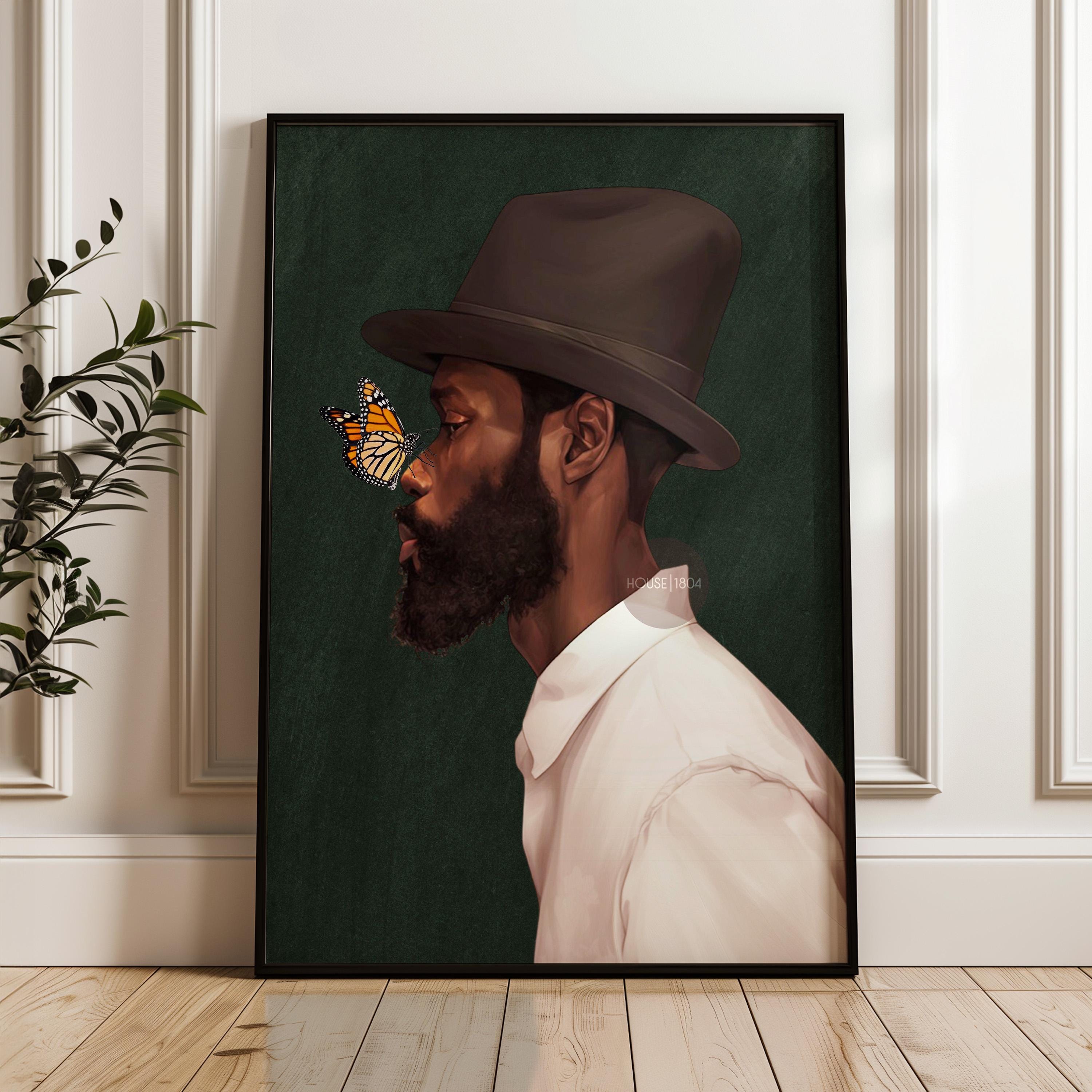 Black Man Side Top Hat Art Print: Butterfly, Afrocentric Green Art Decor