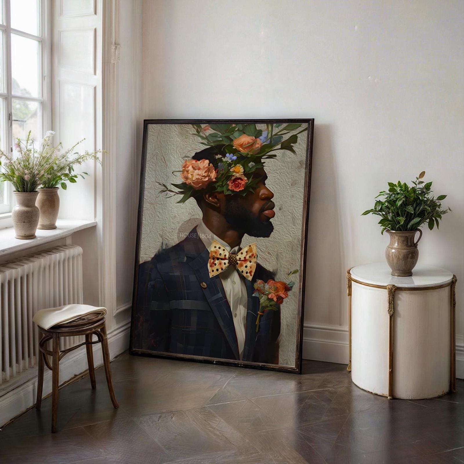 Black Man Suit Wall Art, Flower Beard Art, Vintage Portrait,