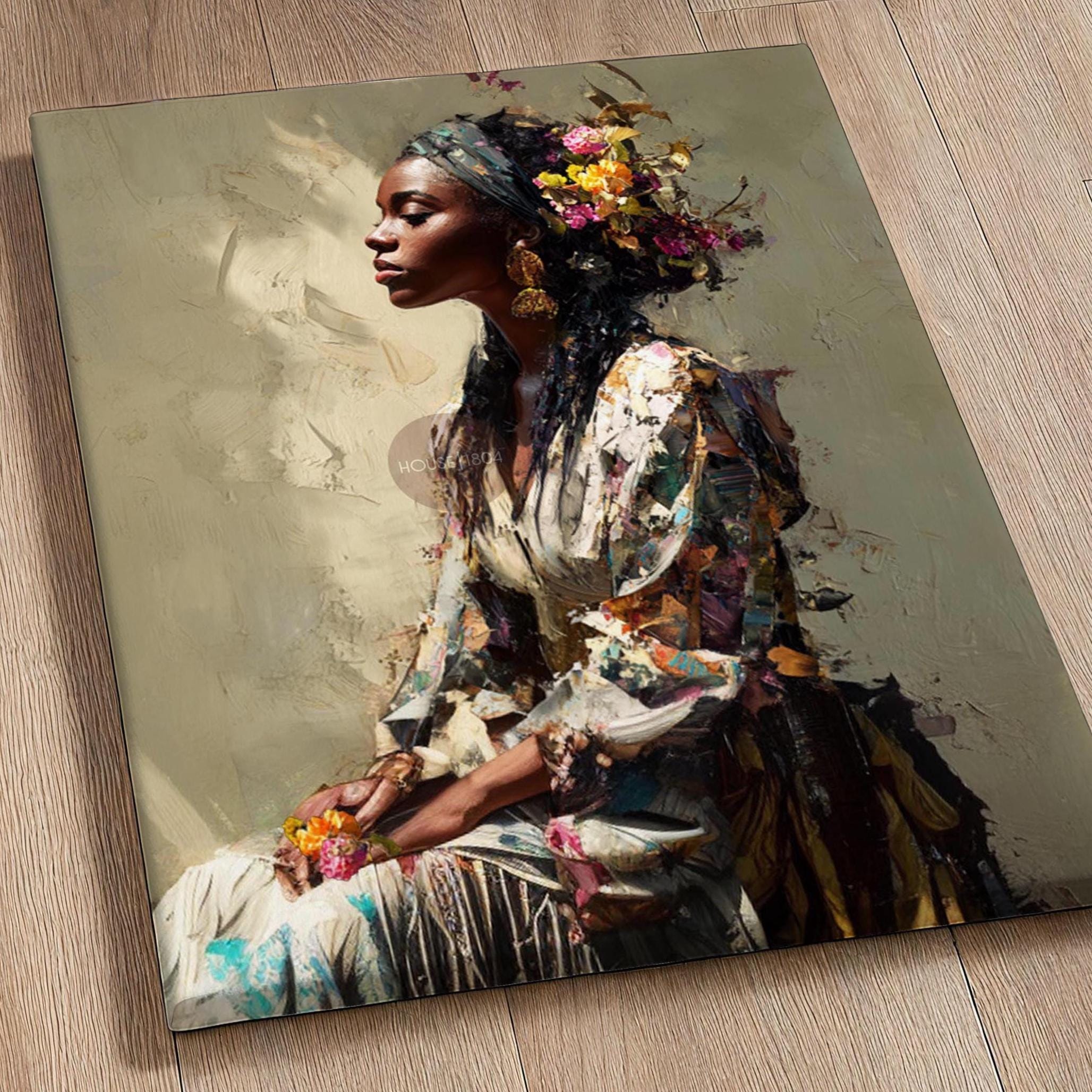 Black Woman Portrait Art Print: Modern African American Beige Background