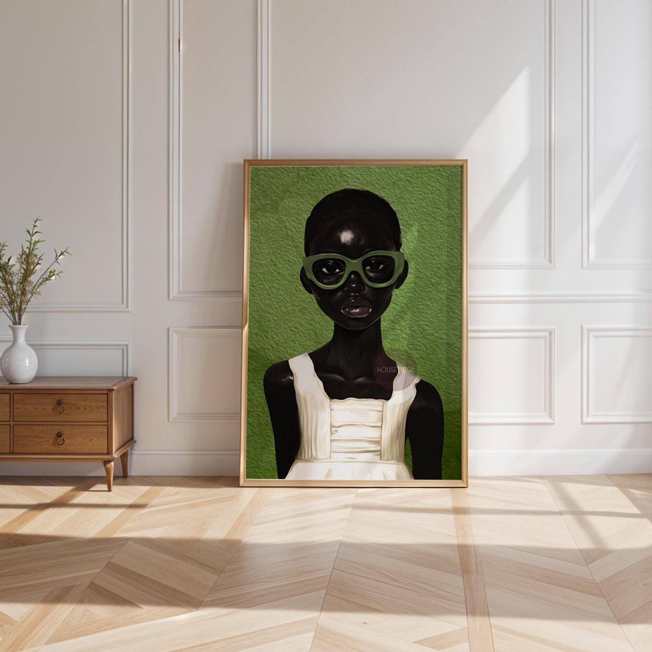 Green abstract Black girl portrait canvas art modern bohemian wall decor