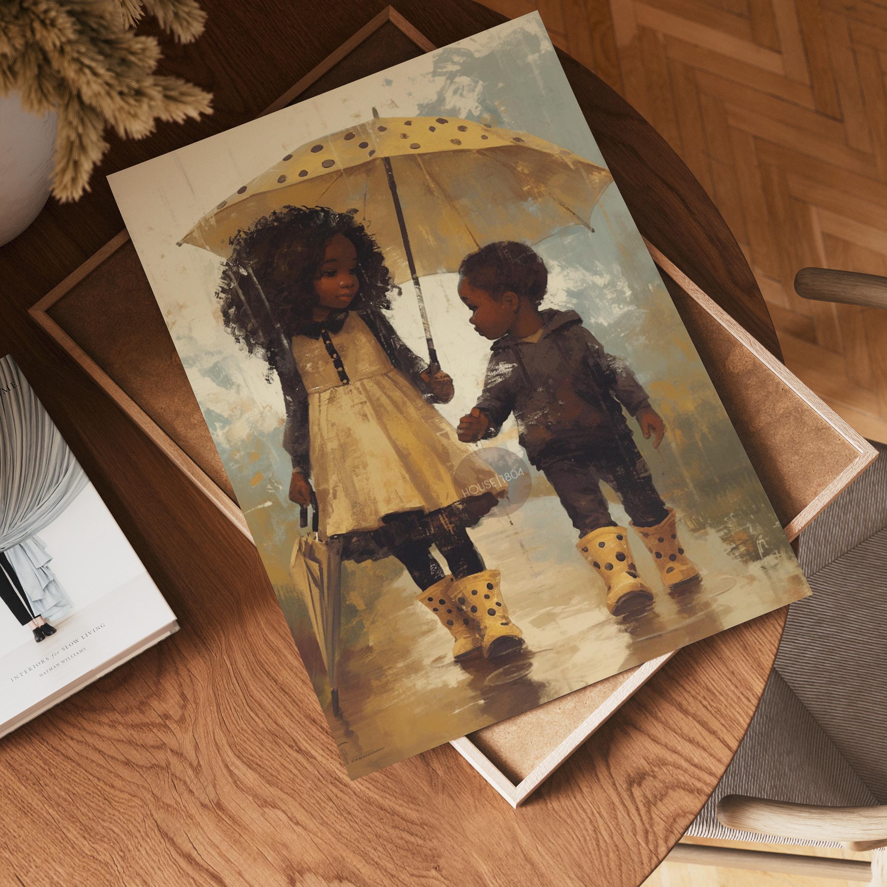 Black Sibling Art Print: Brother and Sister in Rain